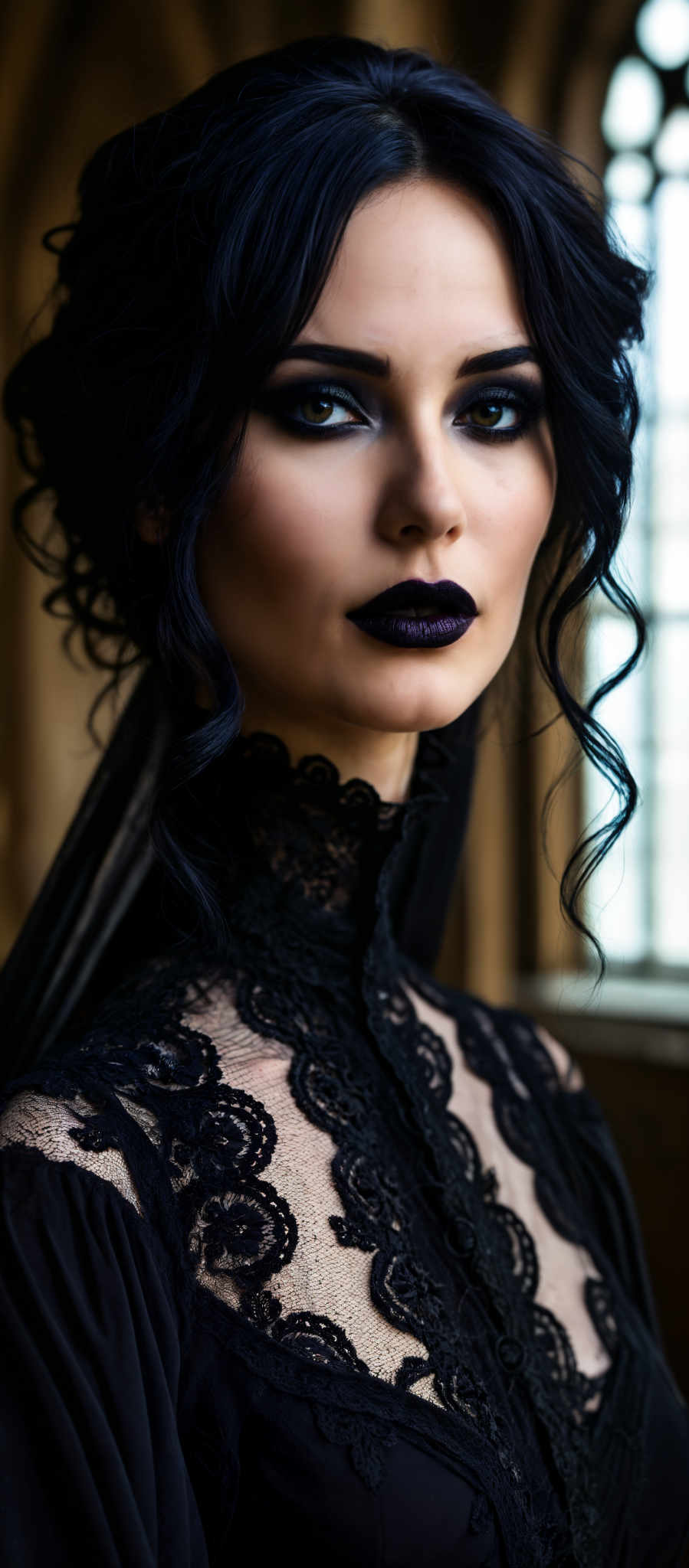 A woman with long black hair and a black lace top.