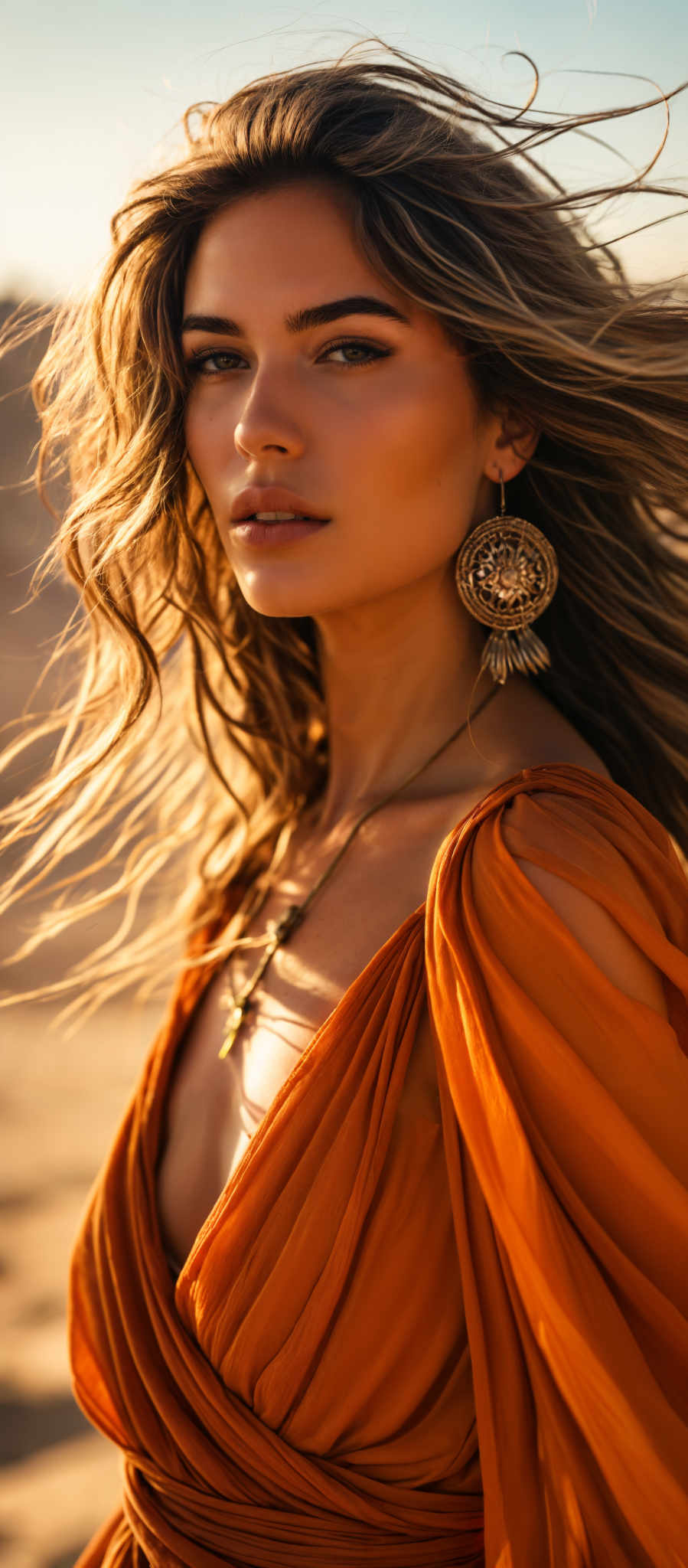 A woman with long blonde hair and gold earrings. She is wearing a gold necklace and an orange dress.