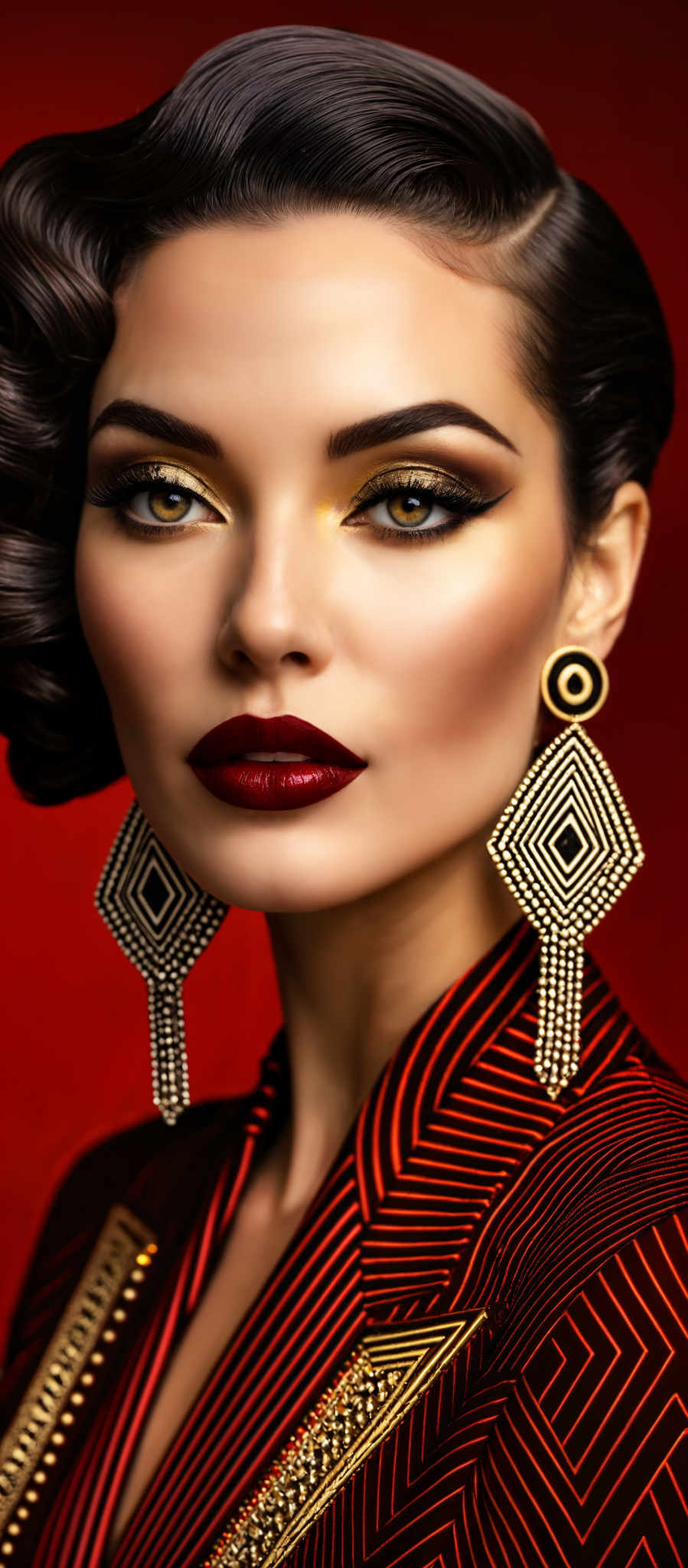 A woman with red lipstick and gold eye shadow is wearing large earrings.