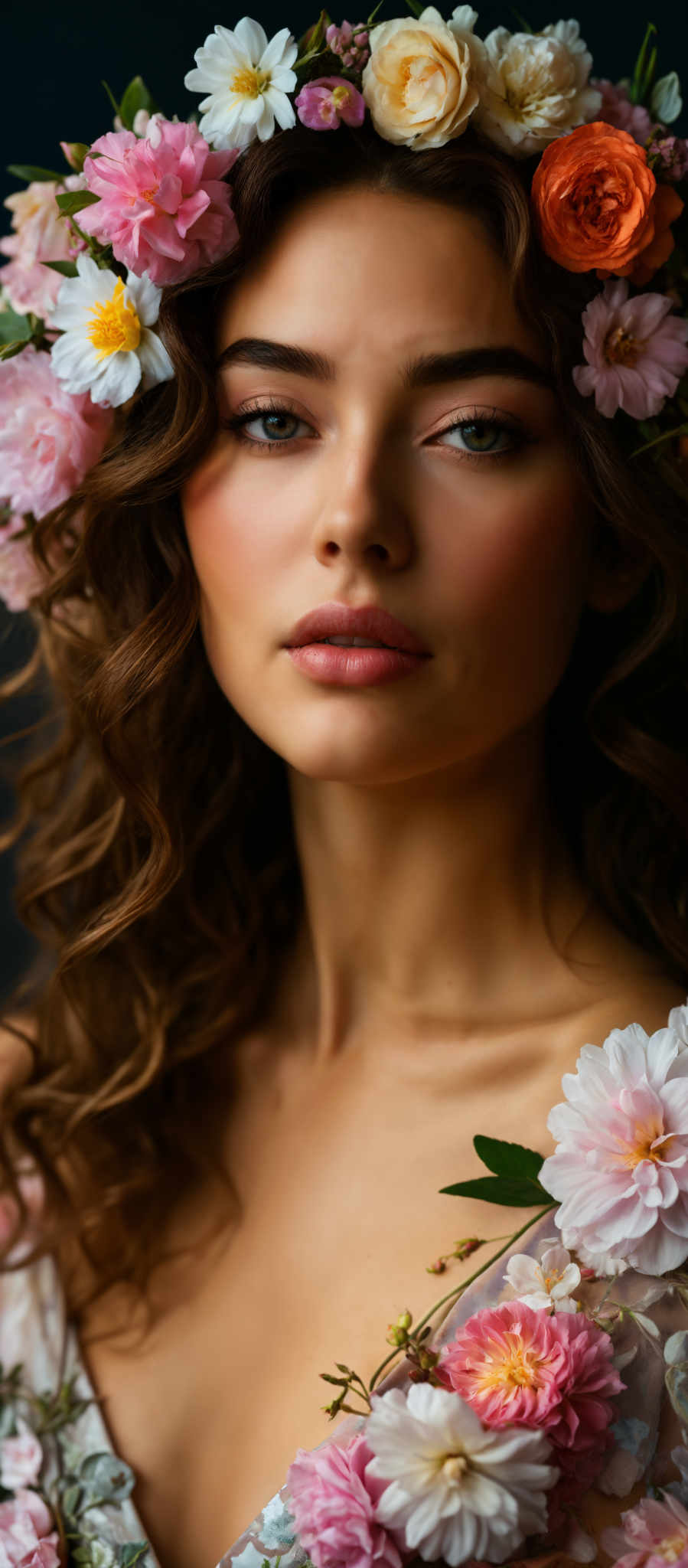 A woman with long brown hair and pink flowers in her hair. She is wearing a white top and looking at the camera.