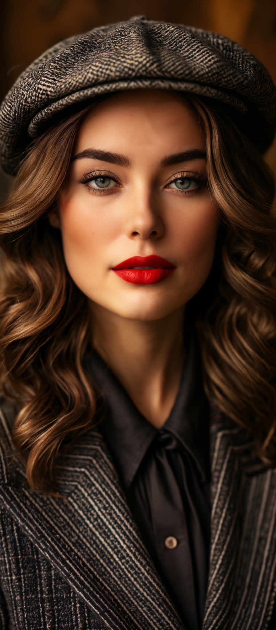 A woman with long brown hair and red lipstick.