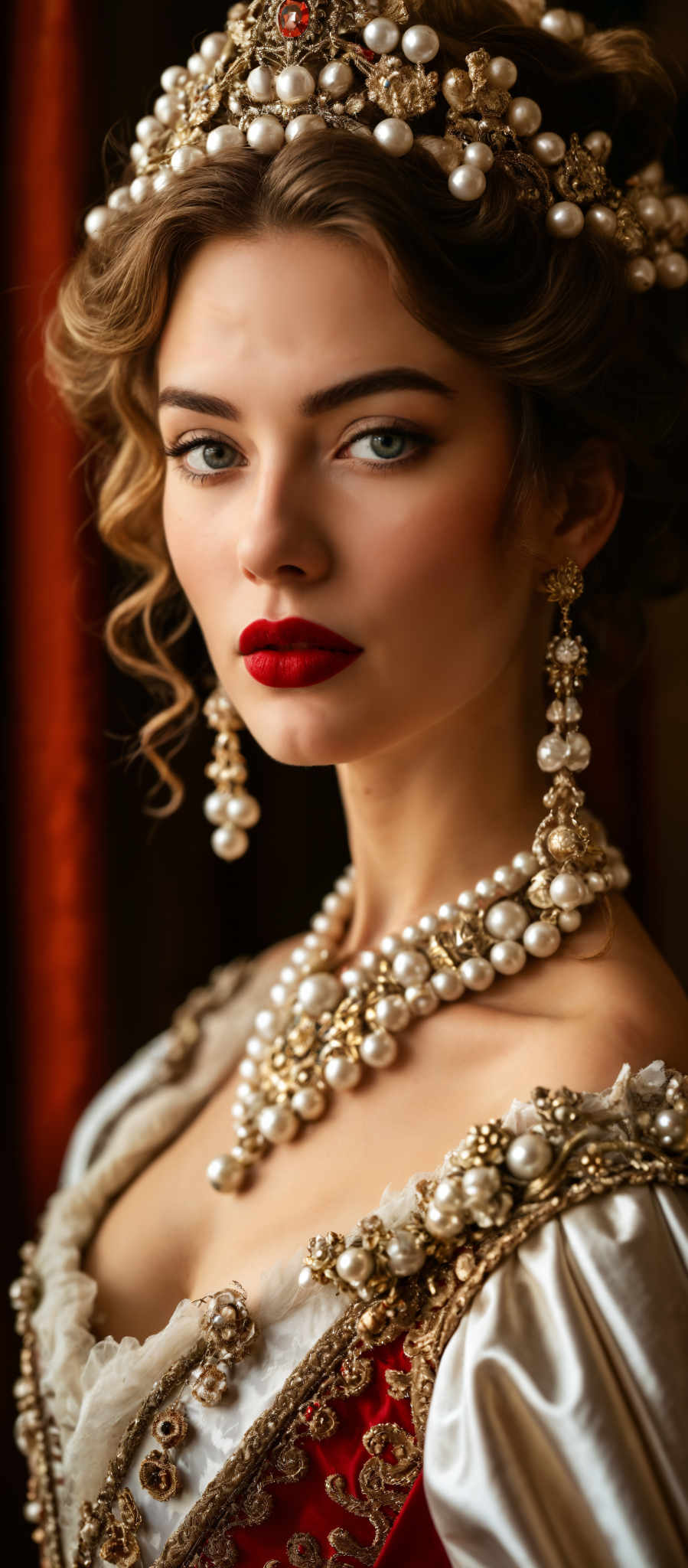 A woman with red lipstick and gold earrings.