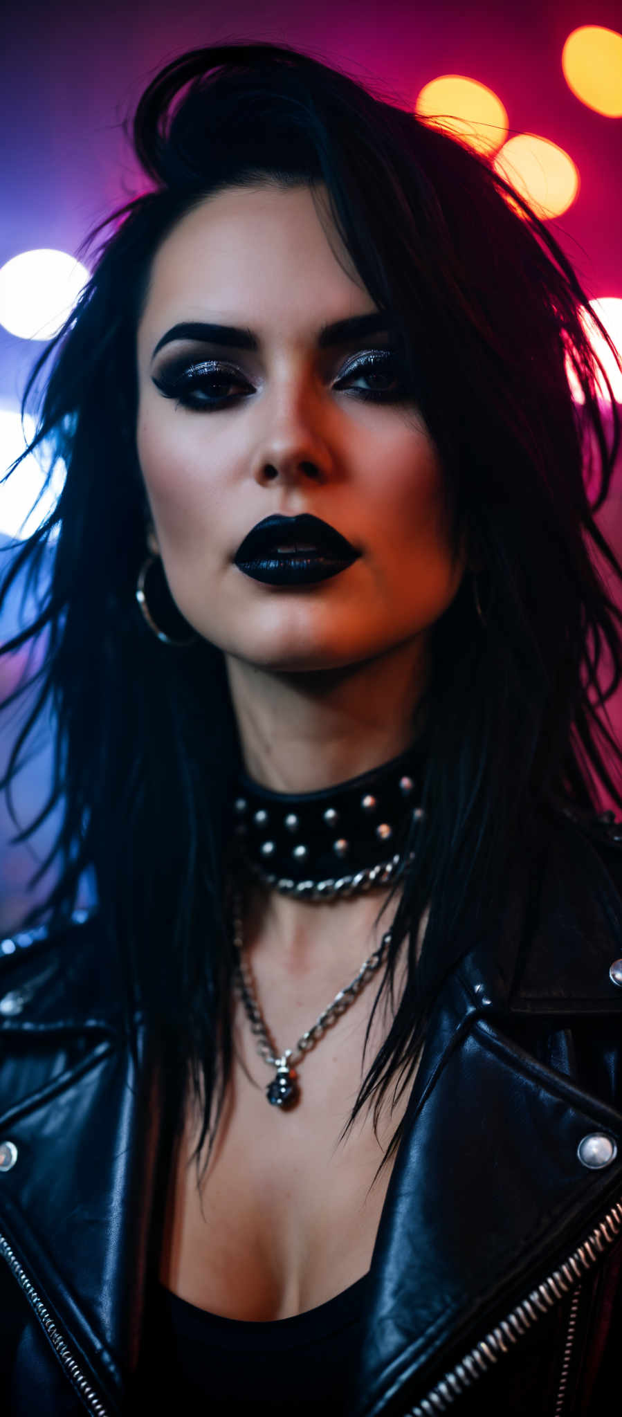 A woman with long black hair and bangs is wearing a black leather jacket. She has a choker necklace and is wearing black lipstick.