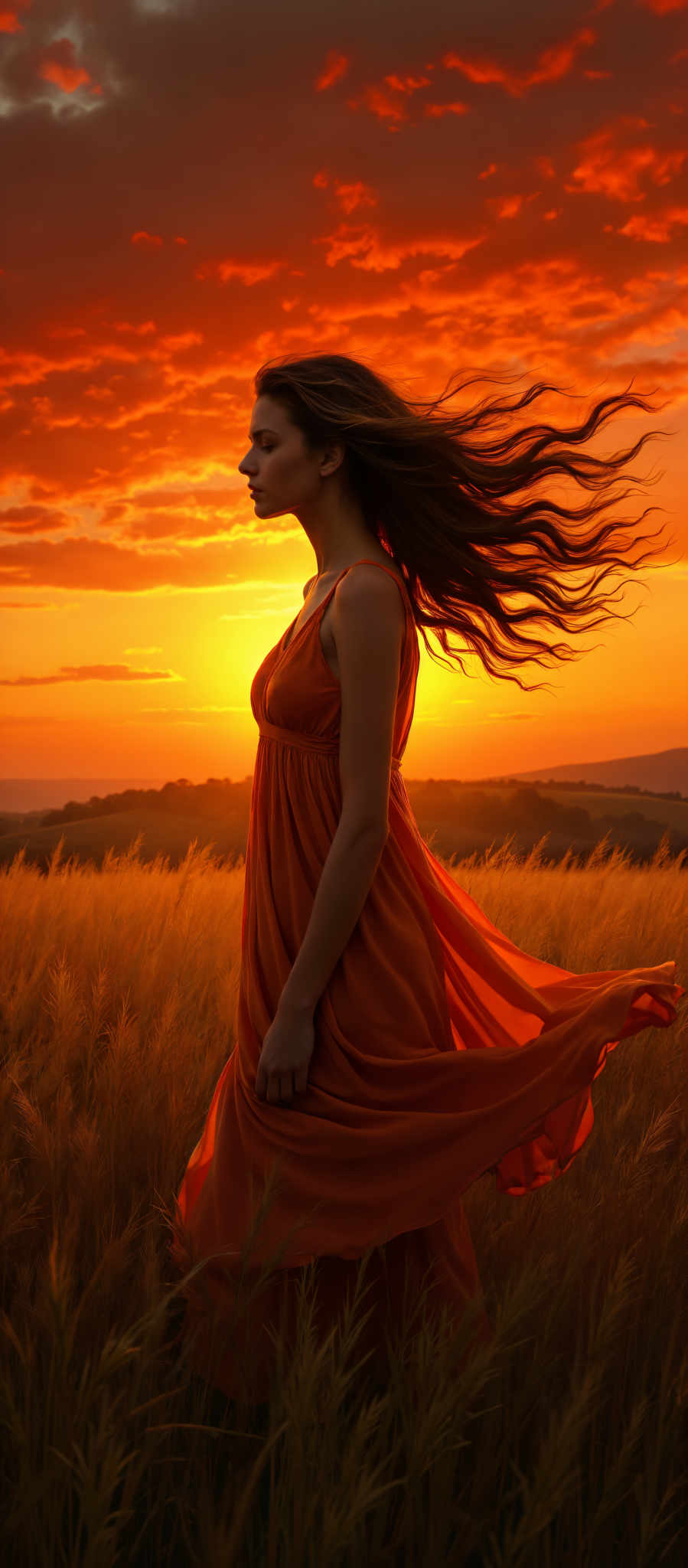 A woman in an orange dress stands in a field of tall grass her long hair flowing in the wind. The sun is setting behind her casting a warm glow over the scene. The woman's dress is a vibrant orange contrasting with the green of the grass and the blue of the sky. The image has a dreamy ethereal quality with the woman's flowing hair and the sunset creating a sense of movement and freedom. The art style is impressionistic with a focus on capturing the mood and atmosphere of the scene rather than the details. The subject of the image is the woman and the motif is the beauty of nature and the freedom of the spirit.