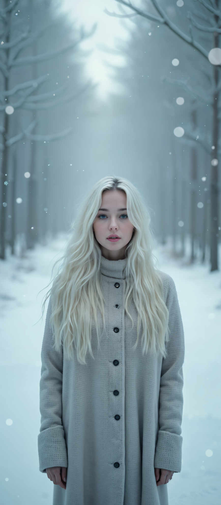 A young woman with long blonde hair stands in a snowy forest. She is wearing a gray sweater and looking directly at the camera. The forest is filled with snow-covered trees creating a serene and peaceful atmosphere. The woman's gaze and the surrounding nature evoke a sense of tranquility and solitude. The image captures a moment of quiet reflection in a winter wonderland.