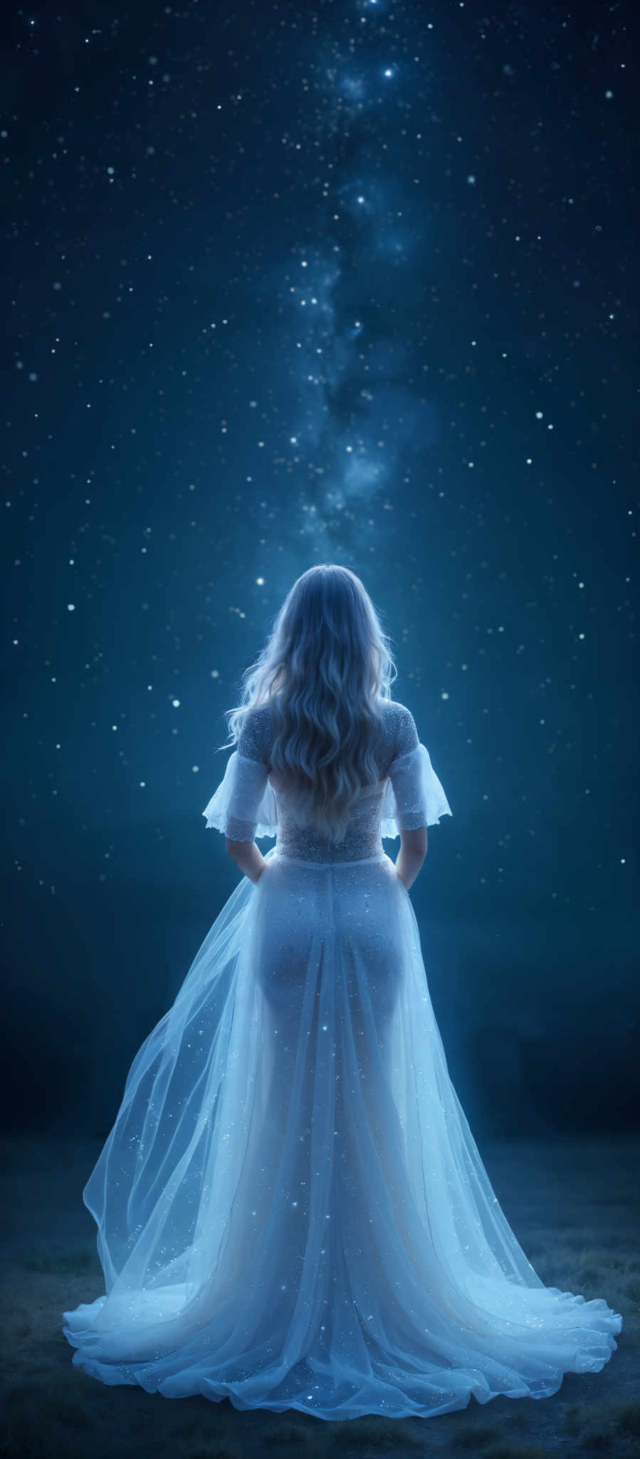 A woman with long blonde hair stands in a field of blue her back to the camera. She is dressed in a white dress with a long train and her hands are clasped behind her back. The sky above her is a deep blue dotted with white stars. The art style is dreamy and ethereal with a focus on the woman and the starry sky. The subject is the woman and the motif is the contrast between her white dress and the blue sky.