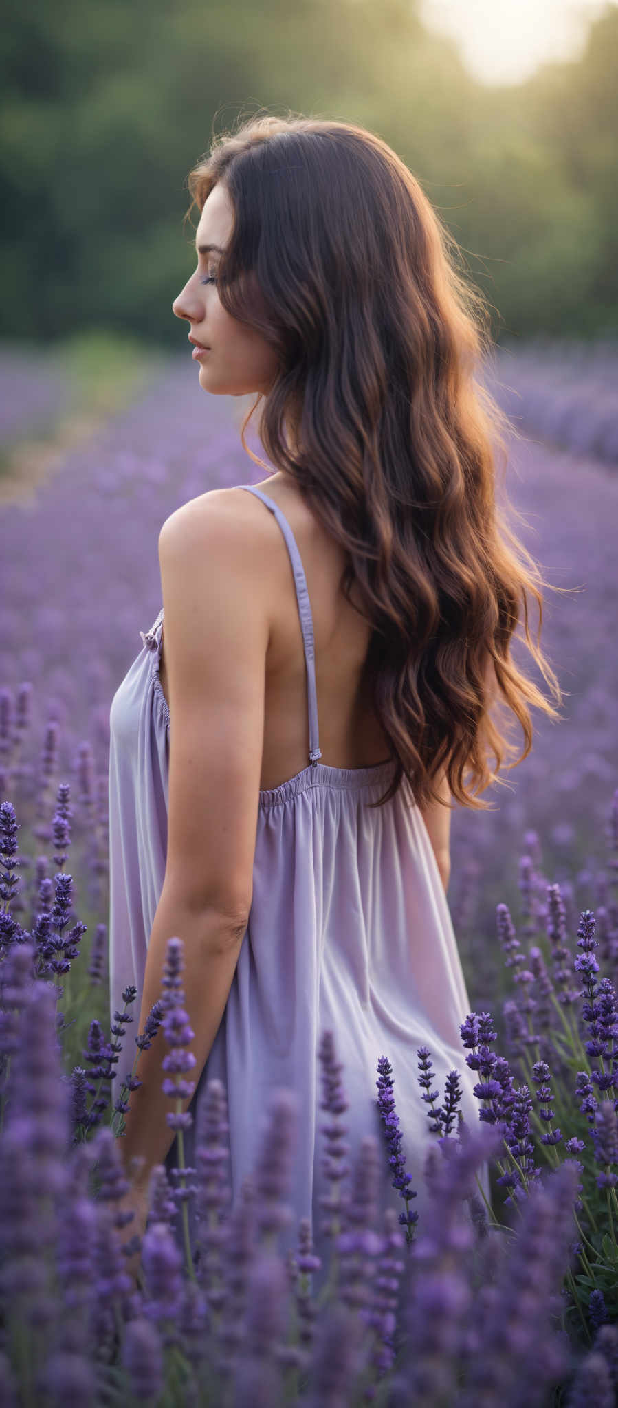 A woman with long brown hair stands in a field of purple flowers. She is wearing a light blue dress with a thin spaghetti strap. The woman is looking over her shoulder giving the impression that she is posing for the camera. The field is filled with tall purple flowers creating a beautiful contrast with the woman's light blue attire. The image has a dreamy and romantic feel to it. The art style is reminiscent of impressionism with its focus on capturing the fleeting effects of light and color. The subject of the image is the woman who is the main focus of the composition. The motif of the scene is the contrast between the woman and her surroundings with the light blue of her dress standing out against the vibrant purple of the flowers. The overall mood of the photo is peaceful and serene inviting the viewer to lose themselves in the beauty of the moment.