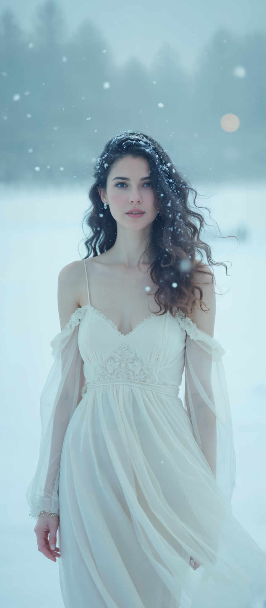 A young woman with long brown hair is the central figure in this image. She is dressed in a white dress that features a lace neckline and long sleeves adding a touch of elegance to her appearance. The dress is predominantly white but the lace neckline adds a contrasting texture and color to the overall look.

The woman is standing in a snowy landscape which provides a stark contrast to her white dress. The snowflakes are falling around her creating a sense of tranquility and peace. The background is a blurred image of the snowy landscape and a building in the distance further emphasizing the woman as the main subject of the image.

The art style of the photo is realistic capturing the details of the woman's dress and the snowy environment with precision. The subject of this image is the woman and the motif is the contrast between her white attire and the snow-covered landscape. The colors in the image are predominantly white from the woman and the falling snow with the brown of the snowflaked trees and the building in distance providing a warm contrast.

Overall this image captures a serene moment in a beautiful snowy landscape with a young woman as its focal point. The realistic art style and the contrast of colors and textures create a visually appealing image that tells a story of tranquillity and elegance.