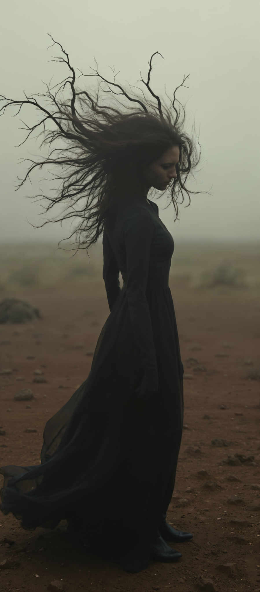 A woman with long black hair stands in a desert her hair blowing in the wind. She is wearing a black dress that contrasts with the sandy surroundings. The desert is barren with only a few rocks visible in the background. The sky is hazy adding a sense of mystery to the scene. The woman's pose and the flowing hair suggest a sense movement and freedom. The colors in the image are predominantly black brown and gray creating a moody atmosphere. The art style is reminiscent of impressionism with its emphasis on capturing the fleeting effects of light and color. The subject of the image is the woman and the motif is the contrast between her and the desert environment.