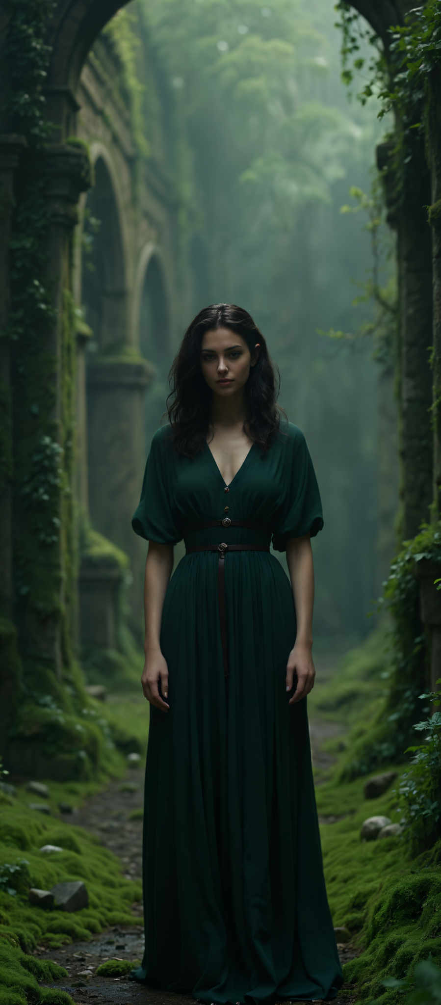 A woman in a long green dress stands in a forest. She is wearing a brown belt around her waist. The forest is filled with trees and moss creating a serene and mysterious atmosphere. The woman's long dark hair cascades down her back adding to the overall mystique of the scene. The colors in the image are predominantly green and brown reflecting the natural environment. The art style is reminiscent of impressionism with its emphasis on capturing the essence of the moment rather than the details. The subject of the image is the woman who appears to be in a state of contemplation or perhaps even sadness. The motif of the forest and the woman's attire suggest a connection to nature and the passage of time.