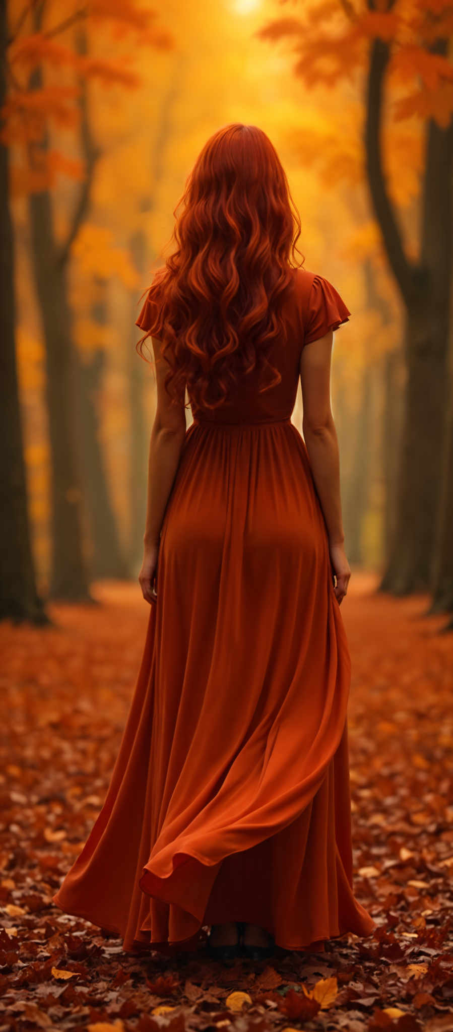 A woman in a long flowing orange dress stands in a forest. Her long red hair cascades down her back contrasting with the vibrant orange of her dress. The dress made of a sheer fabric flows behind her adding a sense of movement to the scene. The forest around her is filled with tall trees their leaves a mix of orange and yellow suggesting that the season is autumn. The woman's back is turned to the camera adding an air of mystery to the photo. The overall mood of the image is serene and peaceful with the woman appearing to be in a state of quiet contemplation amidst the beauty of nature.