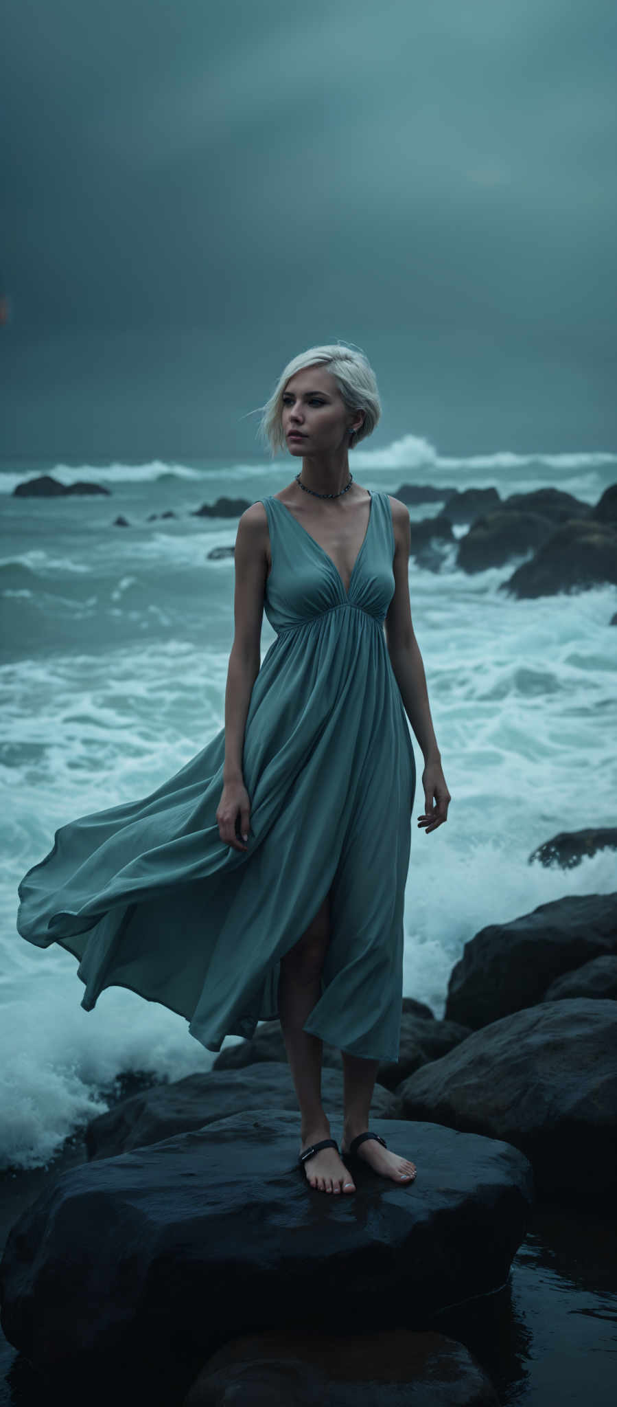 A woman in a blue dress stands on a rocky shore her hair flowing in the wind. The ocean behind her is a deep blue with white waves crashing against the rocks. The woman's dress is long and flowing with a deep V-neck and thin straps and it is a vibrant shade of blue that matches the ocean. The art style is impressionistic with loose brushstrokes that capture the movement of the woman's hair and the waves in the ocean.

The subject of the image is the woman who is the main focus. The rocky shore and the ocean serve as the backdrop providing a sense of location and atmosphere. The motif of the scene is the contrast between the woman and her surroundings as she stands out against the natural elements. The image evokes a sense or mood of tranquility and freedom as the woman appears to be at peace in this beautiful setting.