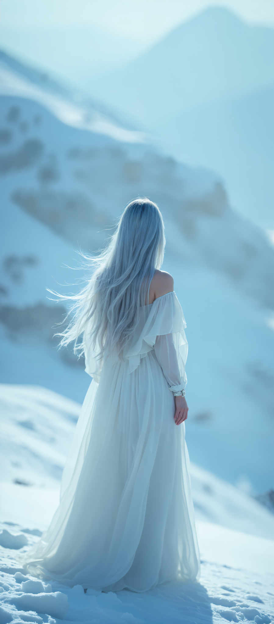 A woman with long flowing white hair stands on a snowy mountain. She is dressed in a white dress that matches her hair and she is looking out over the snow-covered landscape. The sky above her is a clear blue and the sun is shining brightly casting a warm glow on the scene. The woman's position on the mountain gives her a commanding view of the surrounding area and her gaze is directed towards the horizon suggesting a sense of contemplation or wonder. The image captures a moment of solitude and tranquility in a breathtaking winter landscape.