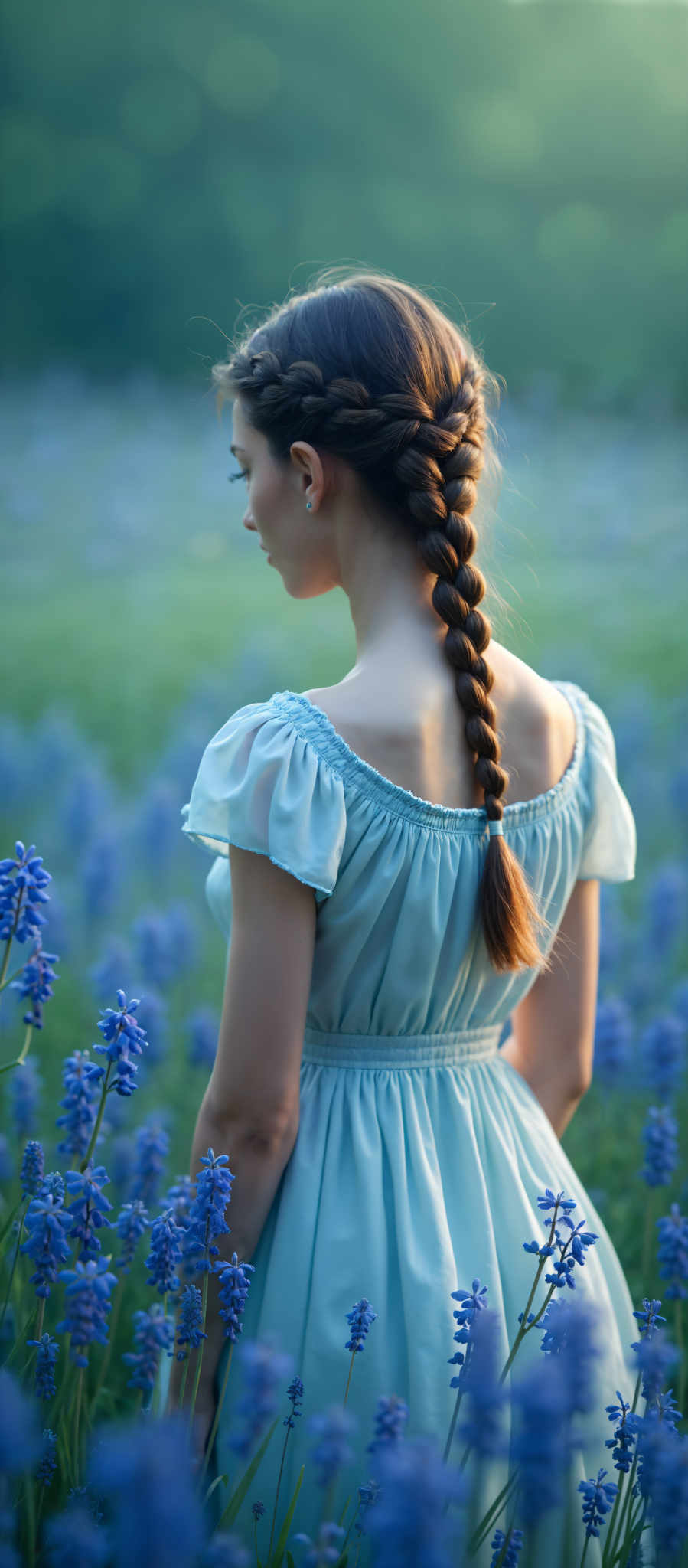 A young woman with a blue dress stands in a field of blue flowers. Her hair is braided and she is looking over her shoulder. The image has a dreamy and romantic feel to it. The colors are predominantly blue and green with the blue of the dress and flowers contrasting with the green of the field. The art style is realistic capturing the details of the woman and the flowers. The subject is the woman and the motif is the beauty of nature. The woman's pose and the way she is standing in the field of flowers suggest a sense of tranquility and peace. The overall mood of the image is serene and calming.