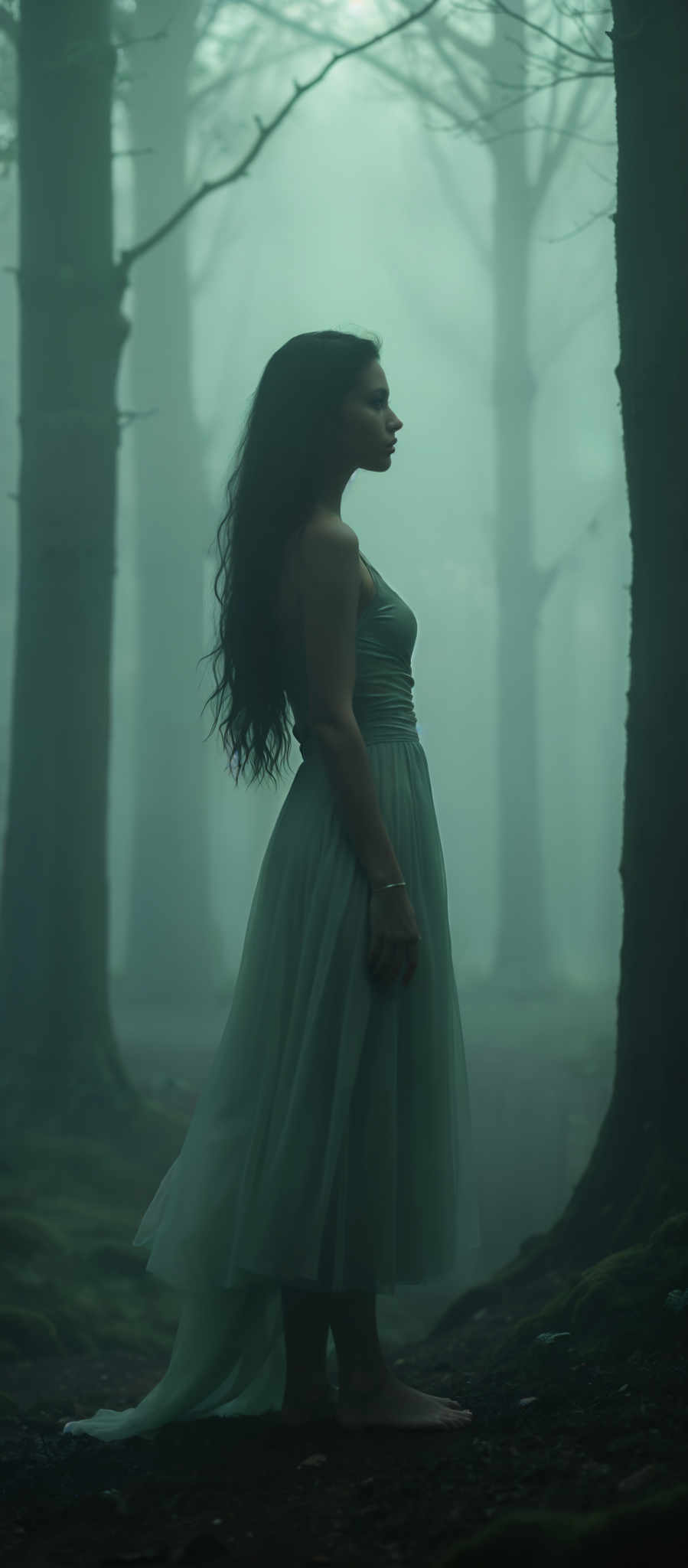 A woman in a long flowing green dress stands in a misty forest. Her long black hair cascades down her back contrasting with the ethereal mist that surrounds her. The dress a vibrant shade of green stands out against the muted colors of the forest. The woman's gaze is directed upwards towards the sky suggesting a sense of wonder or contemplation. The forest around her is filled with tall trees their trunks and leaves obscured by the mist. The overall mood of the image is dreamy and mystical evoking a sense that the woman is in a different world. The art style is reminiscent of impressionism with its emphasis on capturing the fleeting effects of light and color. The subject of the painting is the woman and the motif is the mystical forest.