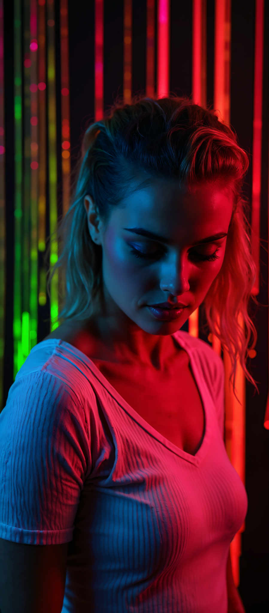 A woman with blonde hair is captured in a close-up shot. She is wearing a white blouse and her gaze is directed downwards. The background is a vibrant display of colorful lights creating a striking contrast with the woman's white blouse. The image has a dreamy and artistic quality to it with the lights casting a soft glow on the woman. The overall mood of the image is serene and introspective.