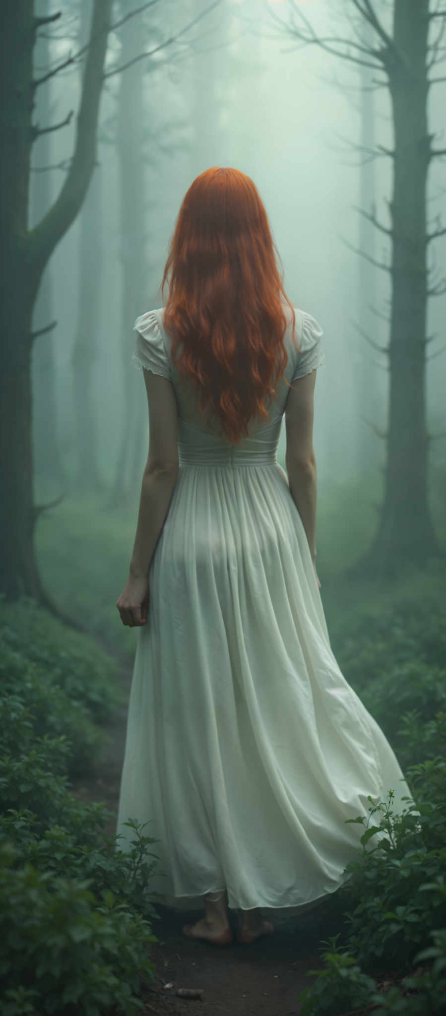 A woman with long red hair is seen from behind walking through a misty forest. She is wearing a white dress and appears to be barefoot. The forest is filled with trees and fog creating a mysterious atmosphere. The woman's vibrant red hair stands out against the white of her dress and the green of the forest. The image has a dreamy ethereal quality to it with the woman's figure and the misty surroundings blending together. The art style is reminiscent of impressionism with its emphasis on capturing the mood and atmosphere of the scene rather than the details. The subject of the image is the woman and the motif is the mist and the forest which together create a sense of mystery and wonder. The colors in the image are predominantly white green and red which add to the overall mood and aesthetic of the piece.