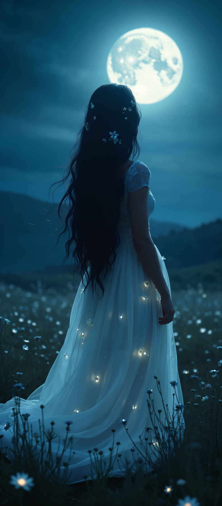 A woman with long black hair stands in a field of flowers. She is wearing a white dress adorned with blue flowers and has a blue flower crown on her head. The sky is dark blue and the mountains in the background are a lighter shade of blue. The woman appears to be in a state of contemplation surrounded by the beauty of nature. The image evokes a sense of tranquility and peace.