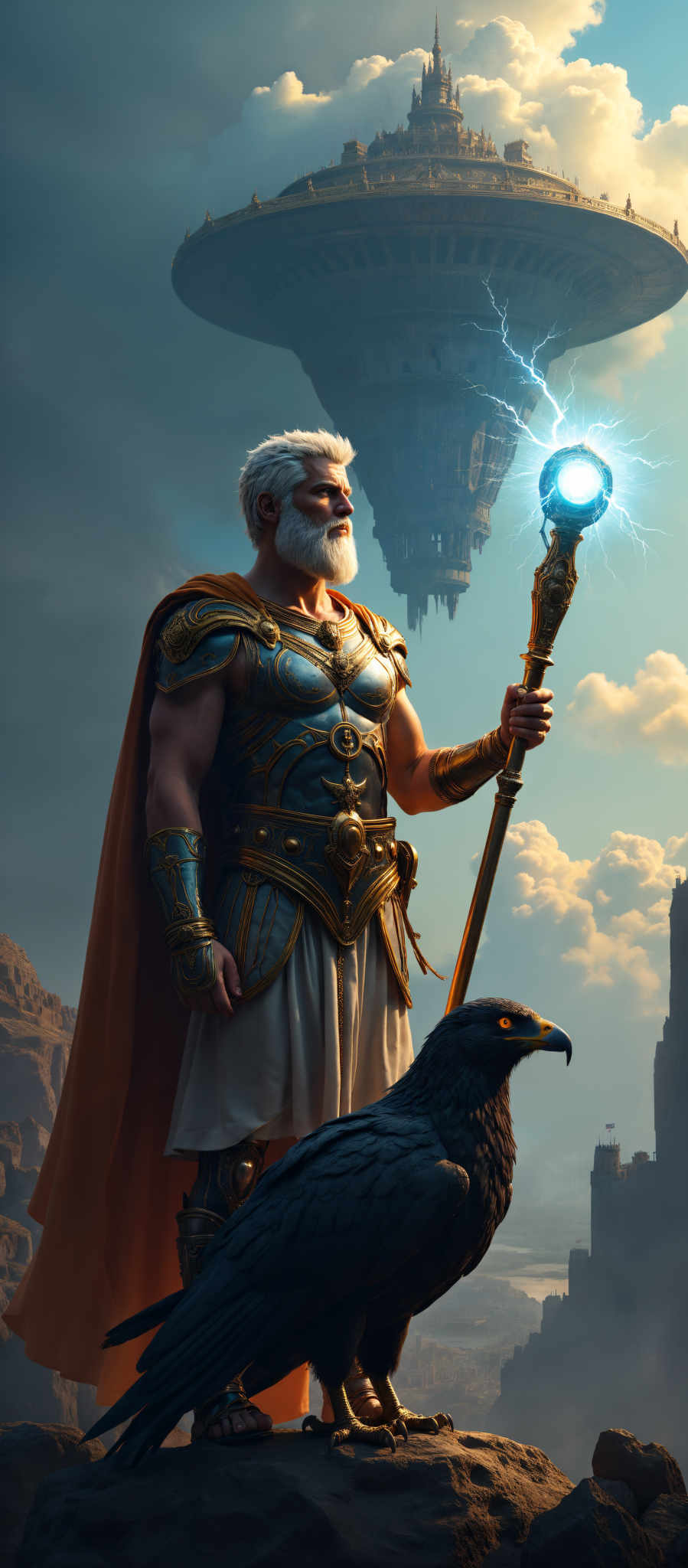 In the image a man with a long white beard and a mustache stands tall exuding an aura of wisdom and power. He is clad in a blue and gold armor the colors of royalty and divinity. In his right hand he holds a golden scepter a symbol of authority and rule. His left hand grasps a blue orb a mysterious object that hints at magical powers. 

Behind him a black raven perches on a cliff its wings spread wide as if ready to take flight. The cliff overlooks a cityscape with buildings and a tower visible in the distance. The man the raven and the cityscape together create a scene of fantasy and adventure. The image is rich in detail and evokes a sense of wonder and excitement.