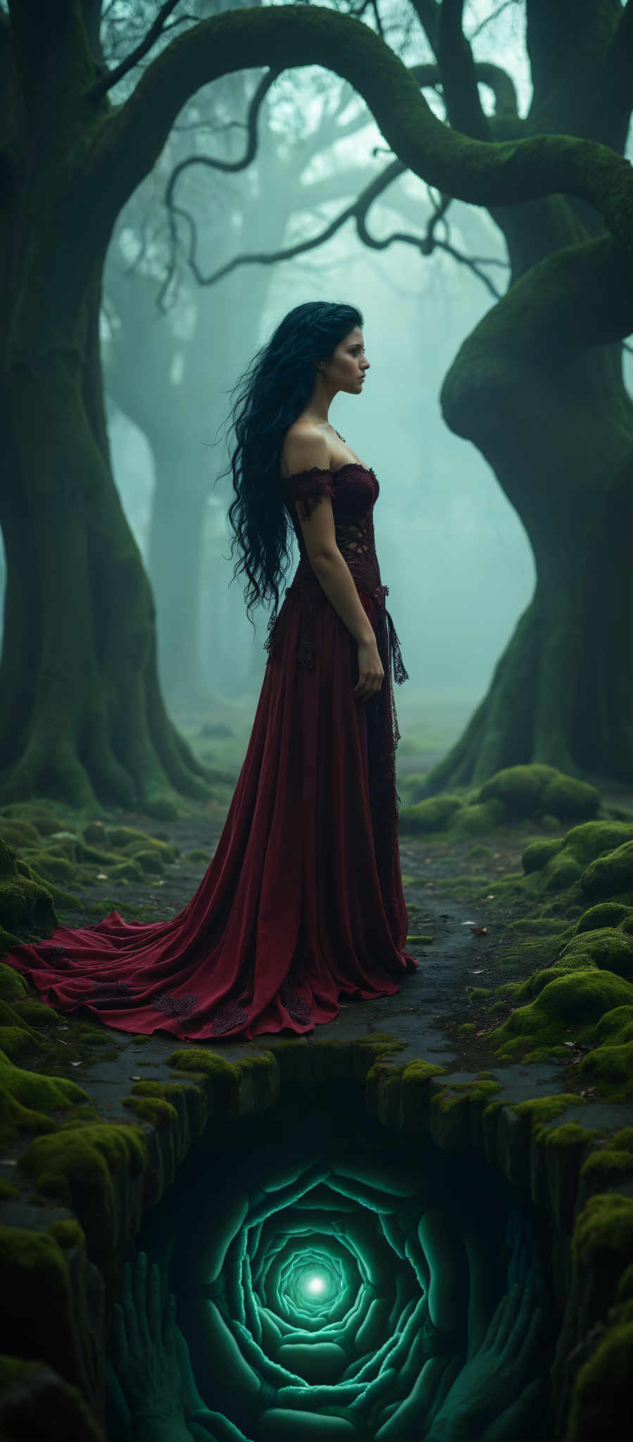 A woman in a long red dress stands in a forest. The dress is made of a shiny fabric and has a lace neckline. The woman's hair is long and blue. The forest is filled with trees and moss. The trees are tall and the moss is green. The photo is taken from a low angle. The background is foggy. The colors in the photo are mainly red green and blue.

The woman appears to be in a state of contemplation or perhaps admiration of the natural surroundings. The red of the dress contrasts with the green of the forest creating a visually striking image. The lace neckline of the red dress adds a touch of elegance and sophistication. The long blue hair of the woman adds a sense of mystery and allure to the scene.

The art style of the photo is reminiscent of the works of the Impressionist masters with its emphasis on capturing the fleeting effects of light and color. The subject of the image is the woman who is the focal point of the composition. The motif of the scene is the juxtaposition of the human figure against the backdrop of nature creating an interesting visual dynamic.

The photo is likely to evoke a sense or mood of tranquility and introspection as the woman stands alone in the foggy forest surrounded by the beauty of nature. The image is a beautiful representation of the power of photography to capture and convey emotion and atmosphere.