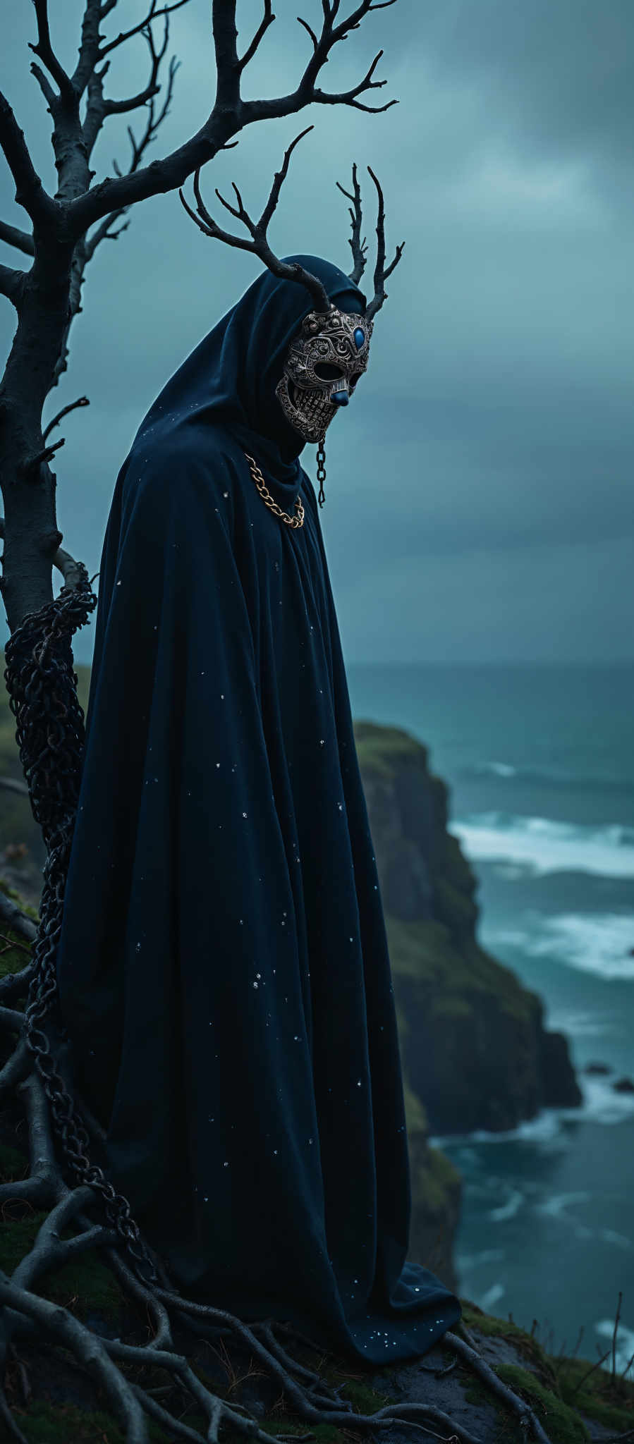 A person in a blue robe stands on a cliff overlooking the ocean. The robe is adorned with gold chains and a mask adding an air of mystery to the scene. The ocean a vast expanse of blue stretches out into the horizon its waves crashing against the rocky cliff. The sky above is a clear blue with a few clouds scattered across it. The image is taken from a low angle looking up at the person giving them a sense of grandeur and dominance over the scene.

The colors in the image are predominantly blue green and gray. The blue of the ocean and sky creates a calming atmosphere while the green of the cliff adds a touch of nature to the composition. The gray of the rocky cliffs and the person's robe adds a sense depth and contrast to the overall image.

The art style of the image is surreal with the person in the blue robe and the mask adding an element of fantasy and intrigue. The subject of the photo is the person standing on the cliff their position and attire suggesting a sense adventure and exploration.

The motif of the scene is one of solitude and introspection with no other people or objects in sight. The person appears to be alone contemplating the vastness of the sea and the sky and the smallness of their own existence in comparison. The absence of other elements in the photo further emphasizes this sense of solitude. The overall mood of the photograph is one tranquility and introspective inviting the viewer to reflect on their own thoughts and emotions.