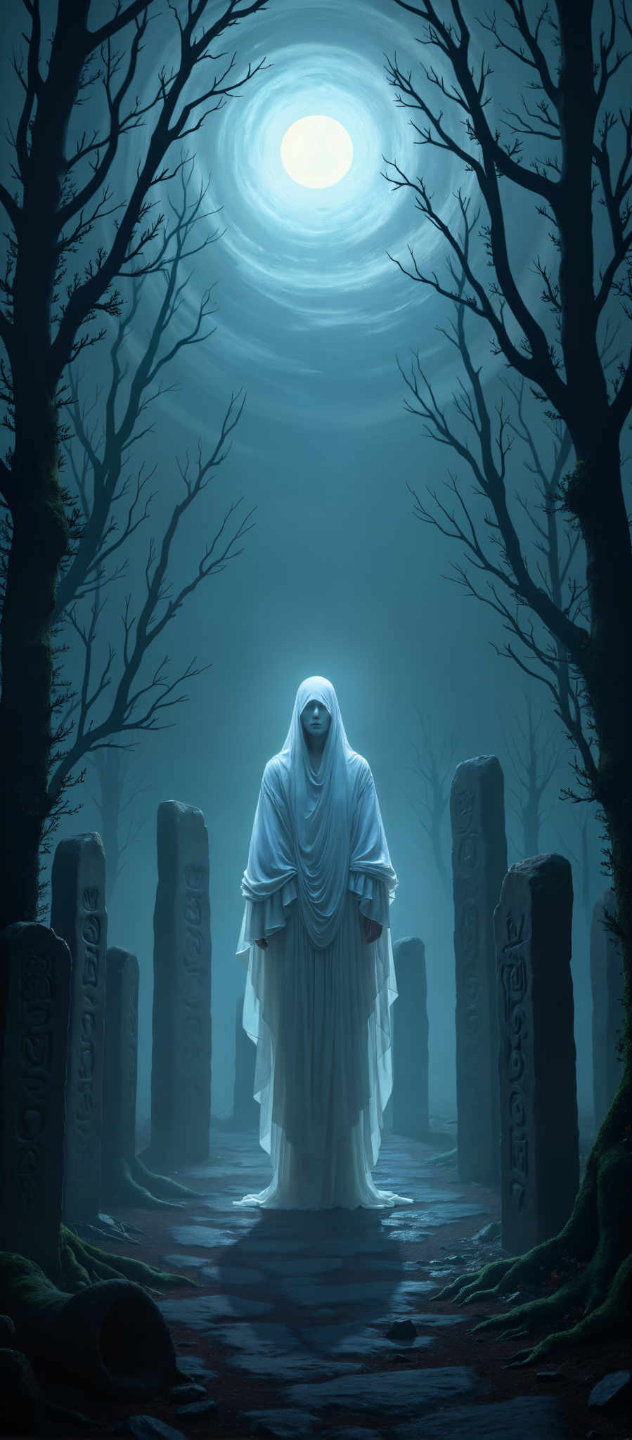 A woman in a white robe stands in a forest of stone statues. The statues are tall and have hieroglyphics carved into them. The woman is standing in the center of the image surrounded by the statues. She is looking directly at the camera. The background is dark and blue with a full moon visible in the sky. The art style is surreal and the subject is a woman. The motif is a forest or jungle with the statues as the main focus. The colors are predominantly white for the woman's robe and blue for the sky and background. The overall mood of the photo is mysterious and eerie.