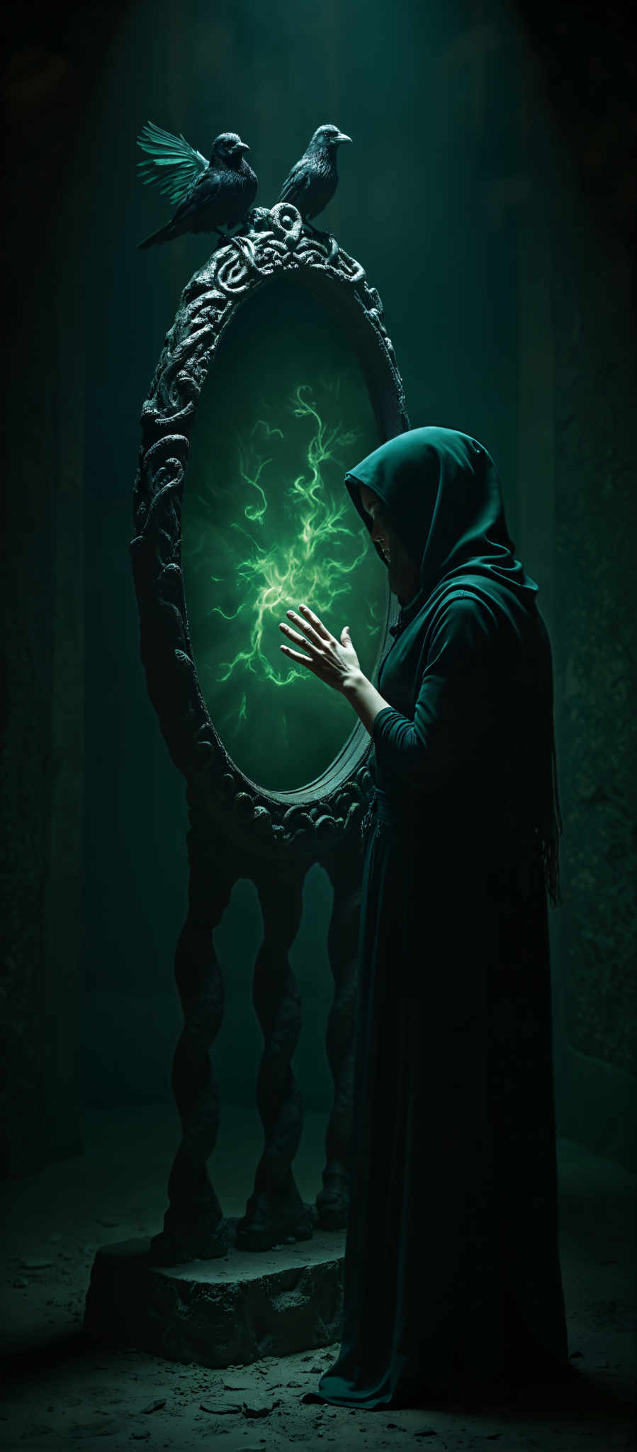 A woman in a green hooded dress stands in front of a mirror. The mirror which is the central object in the image is illuminated by a green light that creates a ghostly effect. The woman's hands are raised as if she is about to touch the mirror. She is wearing a long flowing dress that adds a sense of movement to the scene. The background is dark and features a pattern of green and black which complements the green light in the mirror and the woman's dress. The overall mood of the image is mysterious and dreamlike. The art style is surreal with the ghostly light in mirror and its reflection creating an otherworldly atmosphere. The subject of the photo is the woman who appears to be in a state of wonder or curiosity. The motif is the mirror with its ghostly reflection adding a layer of intrigue to the composition.