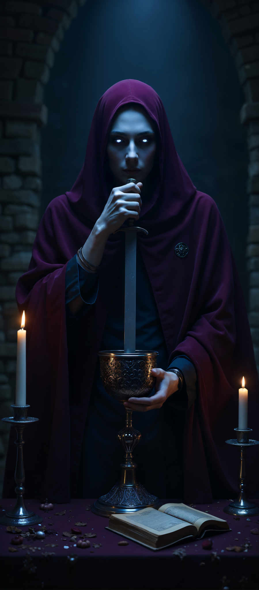 A person in a purple robe holds a sword and a cup. The person is wearing a blue shirt and has a black emblem on their robe. The sword is silver and the cup is silver with a black design. The background is a dark stone wall with a candle on the left side. The image has a medieval art style. The subject is a knight or warrior and the motif is a battle or a knight's quest. The colors are predominantly purple blue and silver. The emotions in the image are serious and solemn. The knight appears to be in a state of contemplation or preparation for a battle. The candle on one side adds a sense of solitude and introspection. The dark stone background gives a sense that the knight is in a castle or fortress further emphasizing the medieval setting. The emblem on the knight's robe could represent their family or their allegiance adding a layer of intrigue to the story. The silver sword and cup could symbolize the knight’s duty and commitment to their cause. The overall composition of the image suggests a narrative of bravery honor and sacrifice.