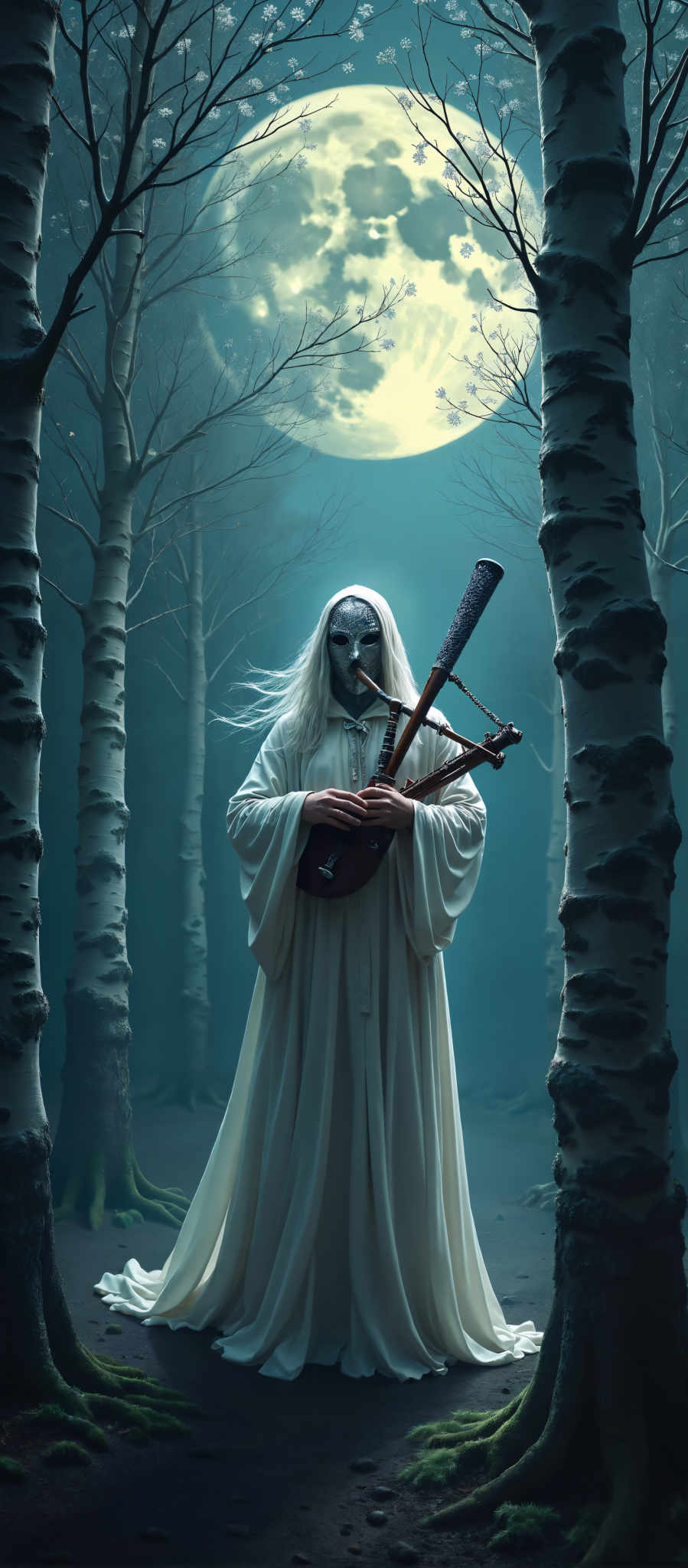 A woman in a white robe and mask is holding a harp. The scene is set in a forest at night with a full moon in the background. The art style is surreal and the subject is a mystical figure. The colors are predominantly blue and white.