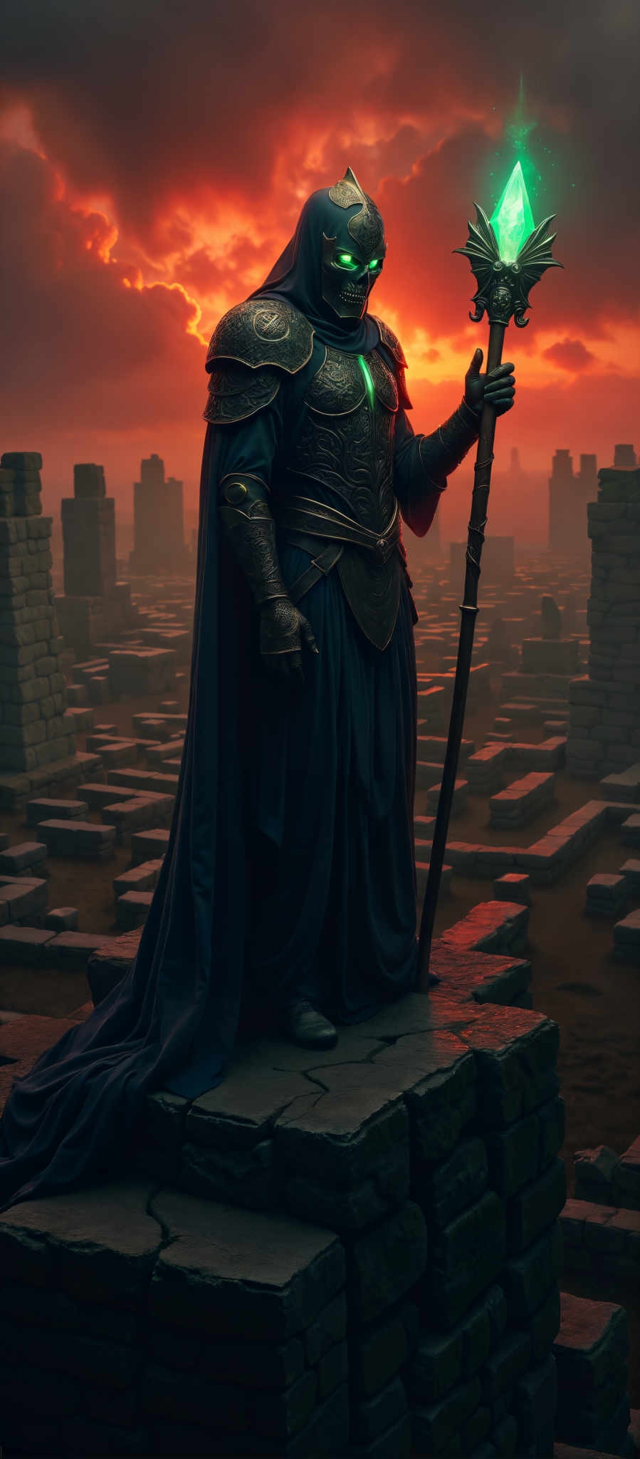 The image portrays a scene of fantasy and adventure. At the center of the image is a knight clad in a blue robe and armor standing on a rocky outcropping. The knight is holding a sword in his right hand and a shield in his left ready for battle. The background is a hazy cityscape with buildings and ruins scattered across the landscape. The colors in the image are predominantly blue red and orange creating a dramatic and intense atmosphere. The art style is reminiscent of medieval illustrations adding to the fantasy theme of the scene. The subject of the knight and the cityscape in the background create a sense of depth and perspective. The motif of the city being destroyed suggests a story of bravery and sacrifice.