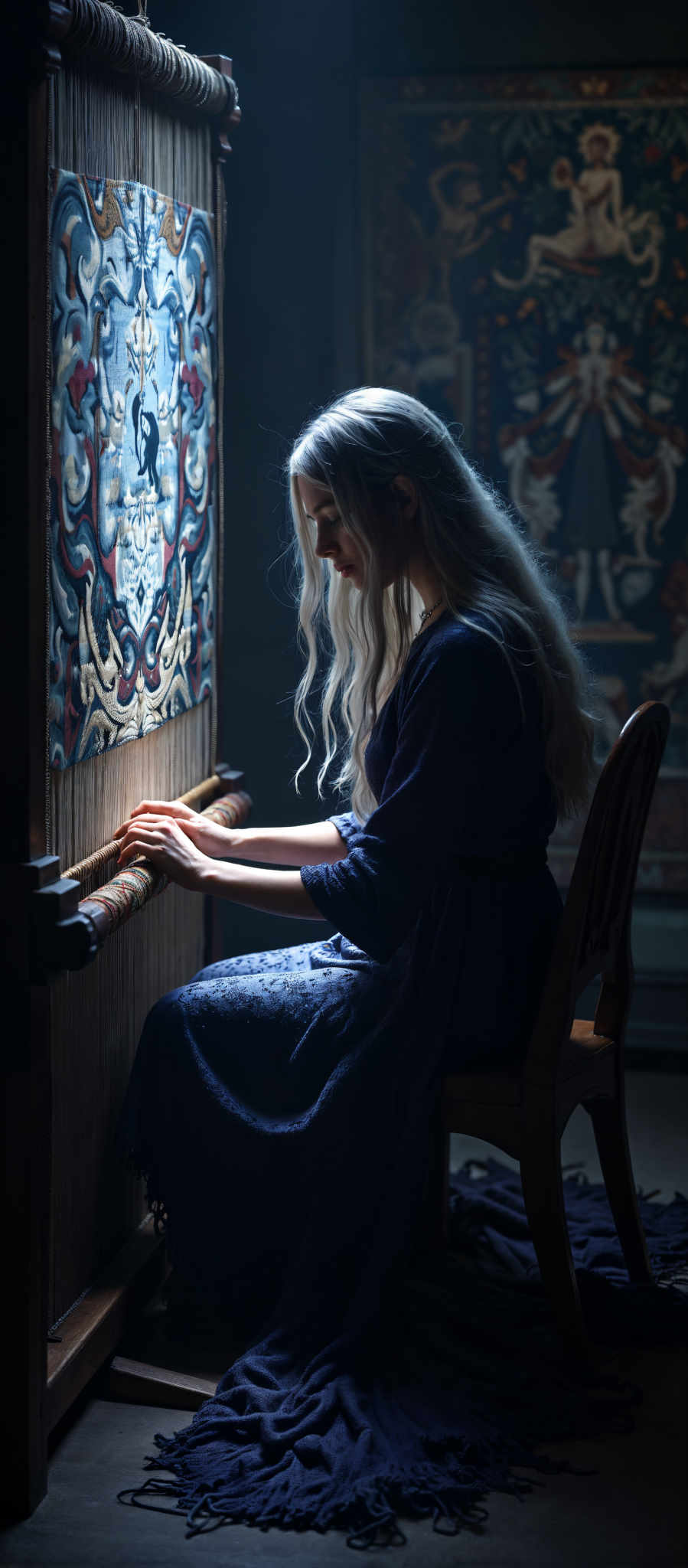 A woman with long blonde hair is sitting on a wooden chair in front of a large tapestry. She is wearing a blue dress and appears to be playing a musical instrument. The tapestry is colorful and features a dragon. The woman's hair is flowing down her back and she is looking down at the instrument.