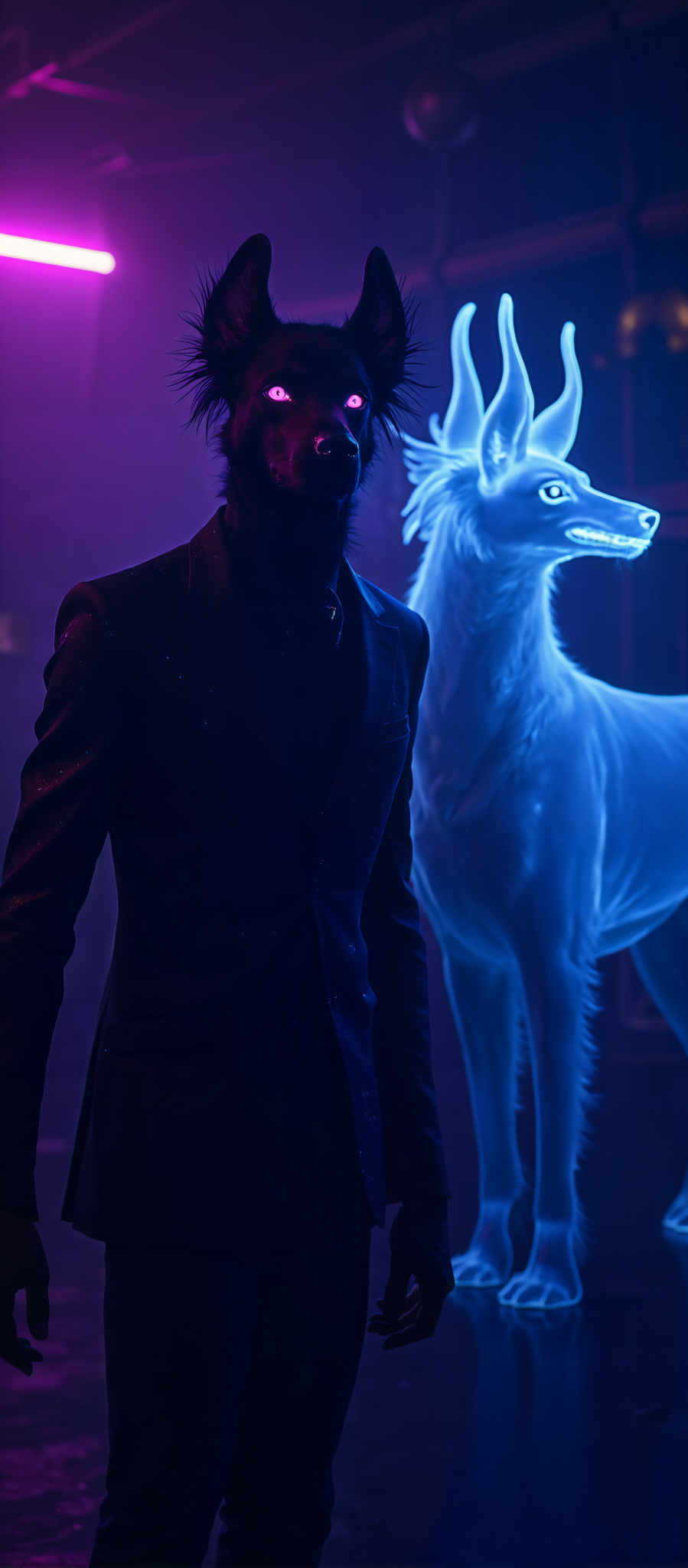 A man in a black suit stands in front of a blue dog. The man is wearing a black mask and the dog has a blue glow. The background is dark and purple. The image has a surreal and dreamlike art style. The subject is a man and a dog and their interaction is mysterious and intriguing. The colors are predominantly black blue and purple creating a striking contrast. The overall mood of the image is mysterious with a sense of wonder and curiosity.