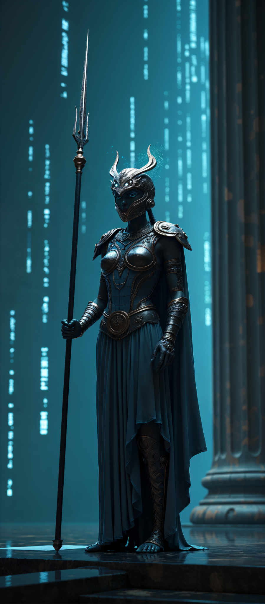 The image portrays a warrior woman standing in a futuristic setting. She is dressed in a blue dress and armor holding a sword in her right hand. The background features a blue screen with white lines adding to the futuristic ambiance. The woman's pose and the sword she holds suggest readiness for battle. The blue color of her attire and the background creates a sense of calm before the impending action. The futuristic setting and the woman's attire hint at a science fiction or fantasy genre. The image does not contain any text. The relative position of the woman and the screen suggests she is the main subject of the image. The sword being in her hand is an important object in the image indicating her role as a warrior. The white lines on the blue screen add depth to the background enhancing the 3D effect. The overall composition of the elements in the photo creates a visually appealing and intriguing scene.