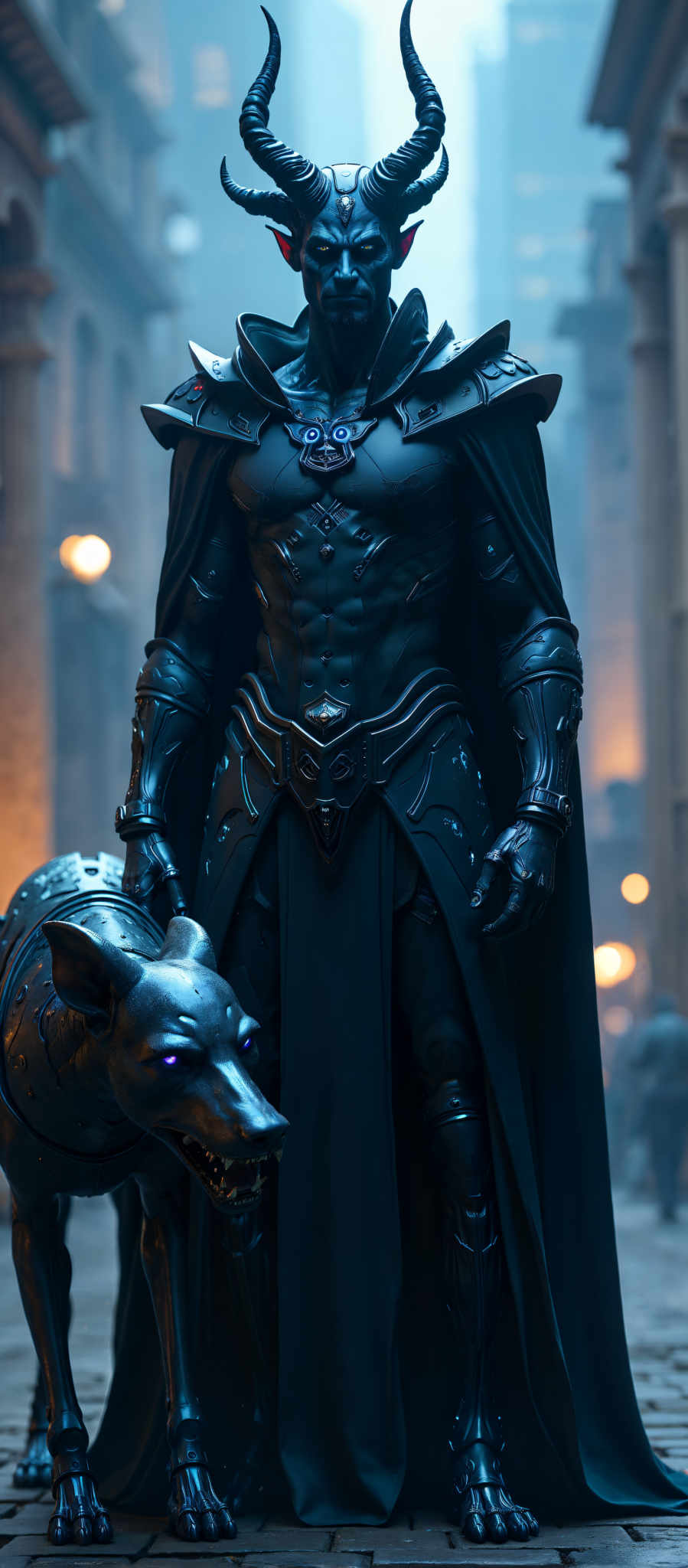 The image portrays a scene from a futuristic world. At the center of the image is a man dressed in a black suit of armor. The suit is adorned with blue accents and features a large chest plate. The man is also wearing a helmet that has a blue visor and a gold emblem on the front.

The man is standing next to a large dog which is also dressed in armor. This armor is silver and has blue accents. The dog is wearing a blue collar and a silver helmet with a blue emblem on it.

The background of the scene is a dark blue color with a cityscape visible in the distance. The cityscape is illuminated by orange lights adding a warm glow to the otherwise cool-toned image.

The art style of the painting is futuristic with the man and dog appearing to be from a different time period. The subject of the artwork is the man with his dog serving as a companion or perhaps a protector. The motif of the piece is one of companionship and protection as the man relies on his armored dog to accompany him on his journey. The use of blue and silver colors adds a sense of coolness and modernity to the scene. The orange lights in the background provide a contrast to the cool tones adding depth and interest to the composition. Overall the image presents a compelling narrative of a futuristic journey with its detailed characters and vibrant colors.