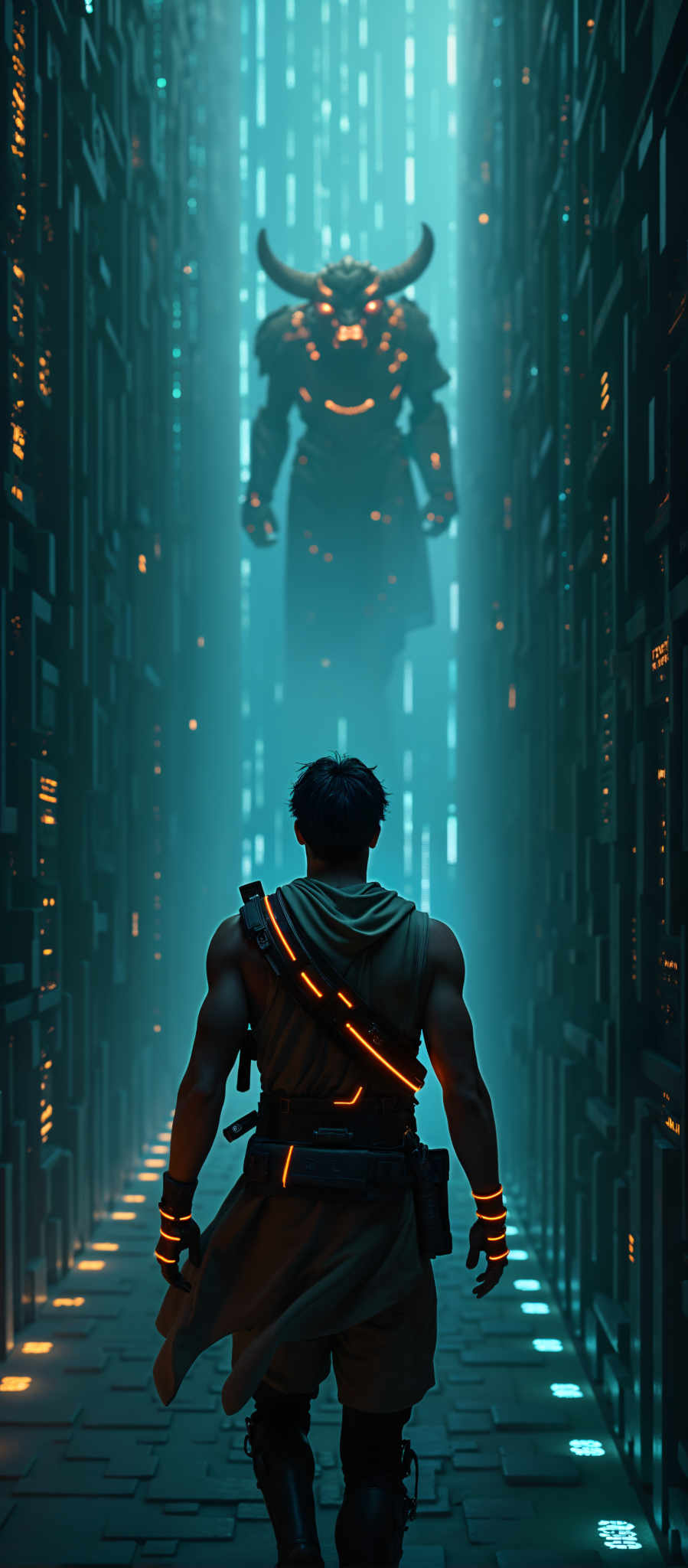 In the heart of a futuristic city a lone figure stands illuminated by the glow of neon lights. The figure clad in a gray tank top and a black backpack is the central focus of the image. The backpack is adorned with a striking neon design adding a touch of vibrancy to the otherwise monochrome attire.

The figure is positioned in front of a towering structure its height accentuated by the low angle of the shot. The building shrouded in darkness is punctuated by rows of lights that create an intriguing pattern against the night sky.

The cityscape in the background is a maze of tall buildings their silhouettes stark against the bright lights. Despite the bustling city the figure stands alone creating a sense of solitude amidst the urban chaos.

The image is a blend of light and shadow with the neon lights casting an ethereal glow on the scene. The overall mood of the photo is one of mystery and intrigue inviting viewers to imagine the story behind this captivating scene.