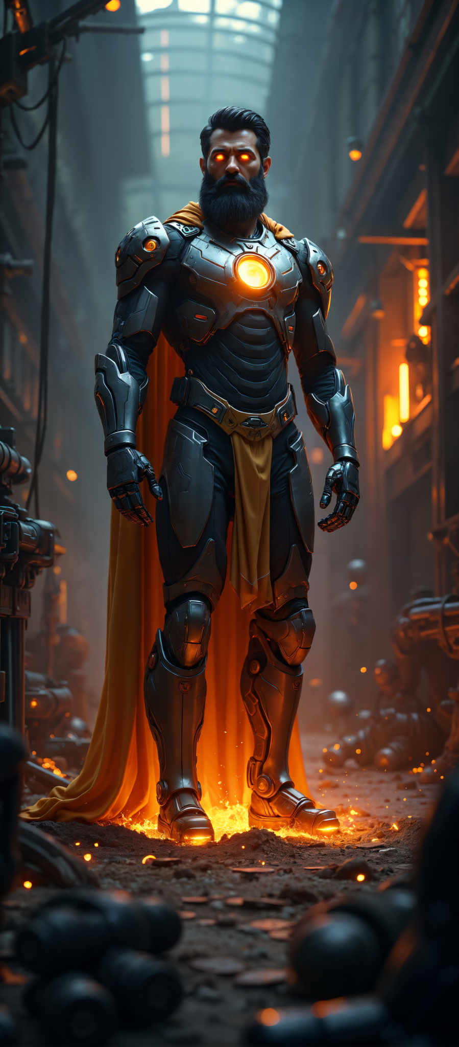 The image portrays a futuristic warrior standing in a dimly lit room. The warrior is clad in a suit of black and gold armor with a flowing orange cape. The suit is detailed with a chest plate and shoulder pads and the warrior is equipped with a helmet that features a visor. The room is filled with pipes and machinery creating an industrial atmosphere. The lighting is minimal with the only sources being the orange glow from the warrior's cape and the faint light emanating from the machinery. The art style is reminiscent of a futuristic setting with its focus on advanced technology and armor. The subject of the image is the warrior who appears to be ready for battle. The motif of the scene is one of anticipation and readiness as the warrior stands in the room prepared for whatever challenges lie ahead.