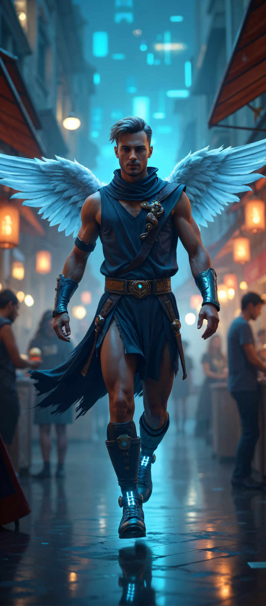 In the image a muscular man stands confidently in a dimly lit room. His attire is striking with a blue cape draped over his shoulders and a gold belt cinched at his waist. His arms are adorned with blue gloves and his legs are clad in blue pants. His feet are encased in gold boots adding to his imposing presence. His wings a prominent feature are spread wide suggesting a sense of power and freedom. The room around him is filled with people their forms blurred and indistinct making the man the clear focal point of the image. The overall mood of the photo is dramatic and intense with the man's powerful stance and the surrounding crowd creating a sense that he is the center of attention.