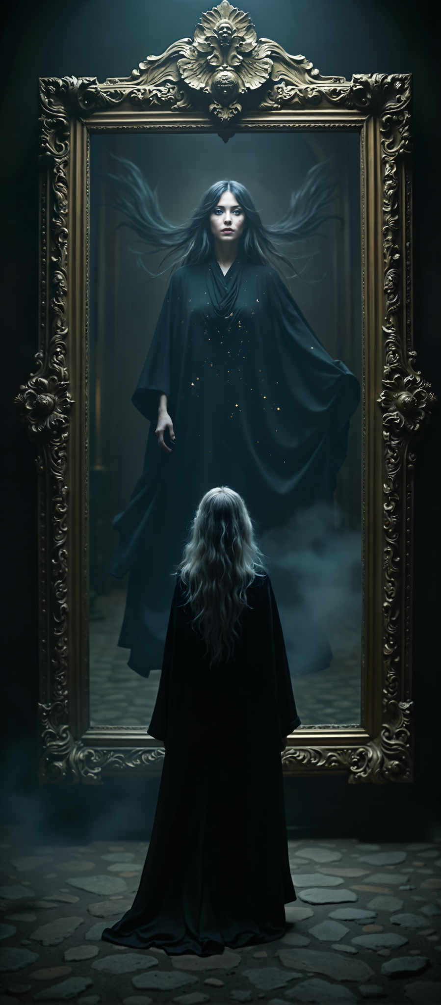 In the image a woman with long blonde hair is standing in front of a large mirror. She is wearing a black cape and looking up at a tall figure that is reflected in the mirror. The figure is a woman dressed in a black dress adorned with gold stars. The mirror is framed with gold and is set against a dark background. The woman's gaze is directed upwards indicating a sense of awe or curiosity. The colors in the image are predominantly black and gold creating a stark contrast. The art style of the image is reminiscent of fantasy or sci-fi with the tall figure and the woman's attire adding to this impression. The subject of the photo is the woman and the figure while the motif is the interaction between the two. The image does not contain any text.