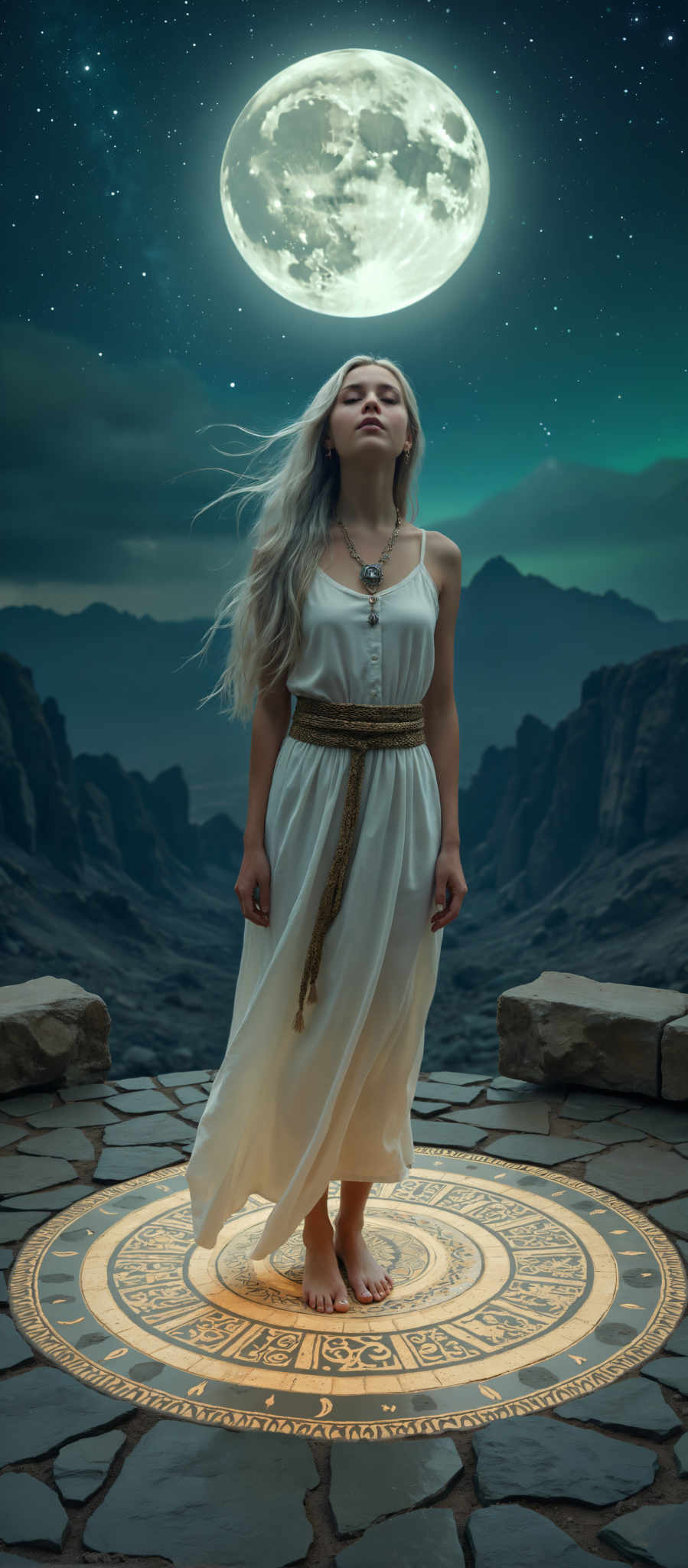 A woman with long blonde hair stands on a stone platform wearing a white dress with a gold belt. She is looking up at the sky which is filled with clouds. The backdrop is a mountainous landscape. The art style is surreal and the subject is a woman. The colors are predominantly white gold and blue. The mood is dreamy and ethereal.