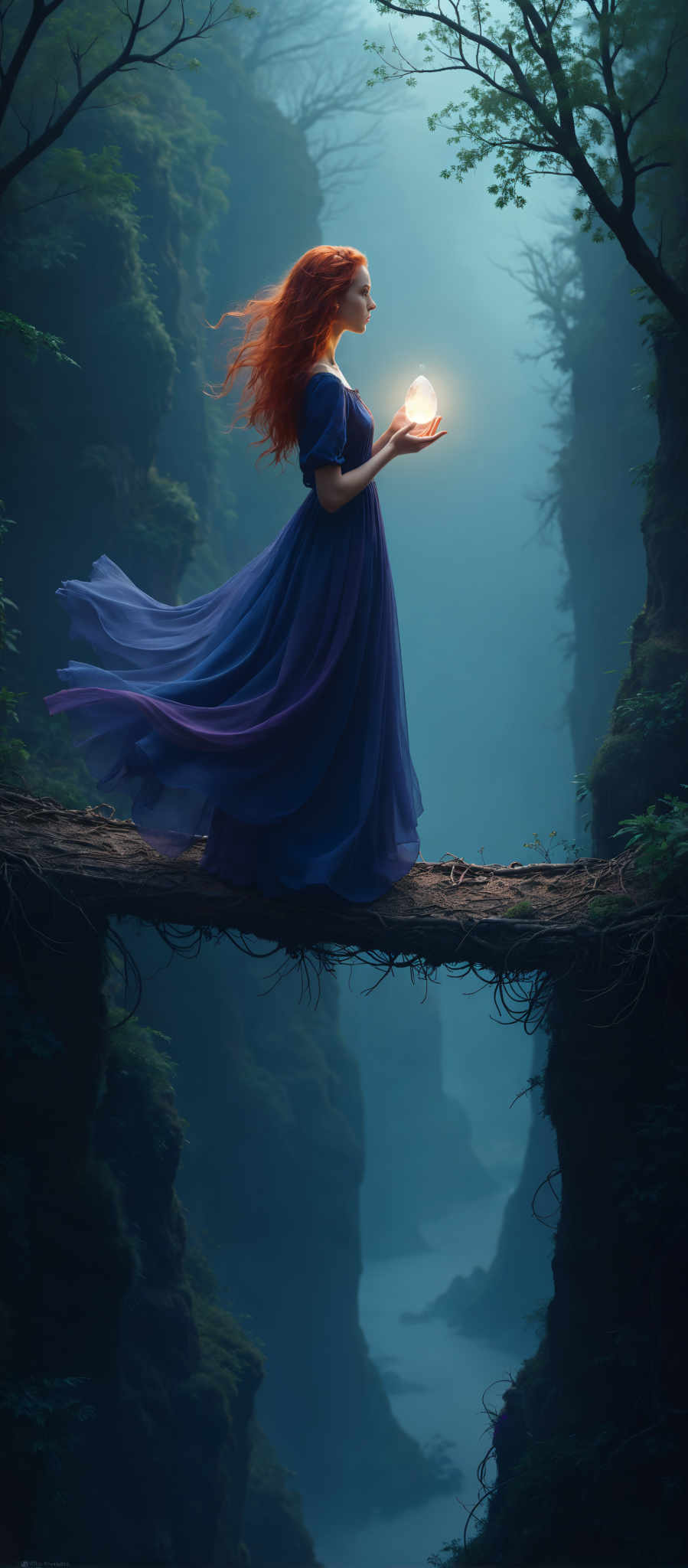 A woman in a blue dress stands on a cliff her long red hair flowing in the wind. She holds a lantern casting a warm glow that contrasts with the cool blue of the sky and the cliff. The cliff itself is covered in green moss adding a touch of nature to the scene. The woman's position on the cliff and her gaze into the distance suggest a sense of adventure and exploration. The image is reminiscent of the works of the Impressionist artists with its emphasis on color and light. The subject of the image is the woman and the motif is the exploration of nature and the human connection with the natural world.