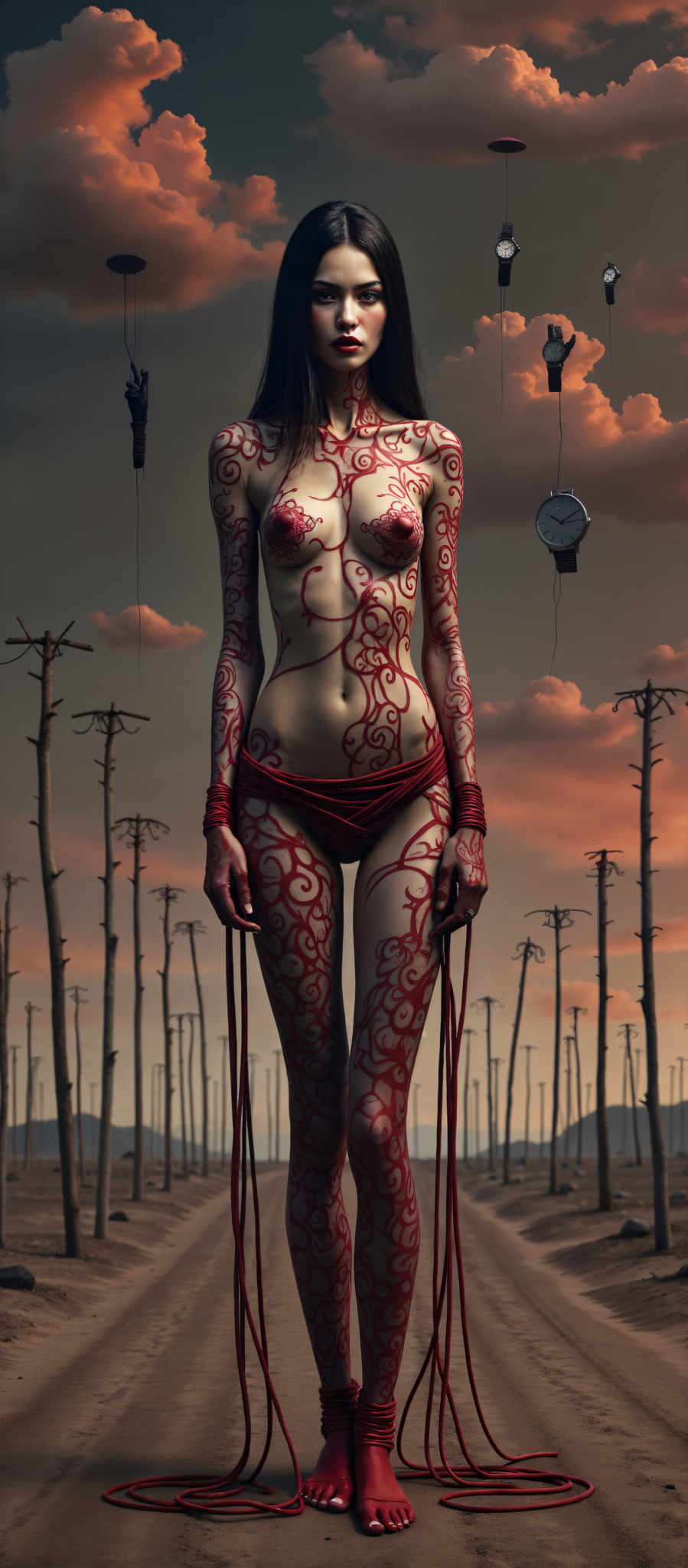 The image portrays a woman with a striking red and white body paint design. She is standing in a field of trees with a clock hanging in the background. The woman's body paint is intricate and detailed showcasing a blend of red and black colors. The trees surrounding her are bare suggesting a cold or winter season. The clock in the distance adds a sense of time and mystery to the scene. The overall art style of the image is surreal blending elements of reality and fantasy. The subject of the painting is the woman who is the central focus of the composition. The motif of the scene is the juxtaposition of nature and time as represented by the woman in the field and the clock in background.