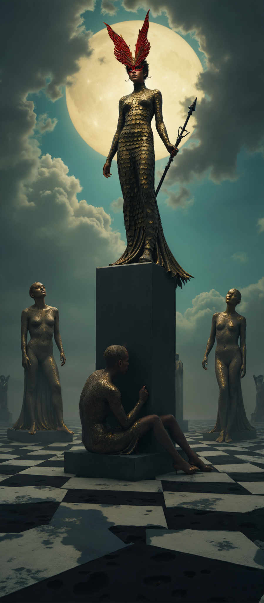 The image portrays a dramatic scene set against a backdrop of a cloudy sky. Dominating the center of the image is a statue of a woman crafted from a dark material. She is depicted in a flowing dress her long hair cascading down her back. The statue is perched on a pedestal which is also made of the same dark material.

Flanking the statue on either side are two other figures also made from the same material. They are positioned in a way that they appear to be supporting the statue adding to the overall grandeur of the scene.

The art style of the piece is reminiscent of classical Greek sculpture with its focus on the human form and the use of a dark possibly metallic material. The subject of the artwork is a woman in a long dress a common motif in classical art. The cloudy sky in the background adds a sense of drama and mystery to the scene. The overall mood of the art piece is one of solemnity and reverence.