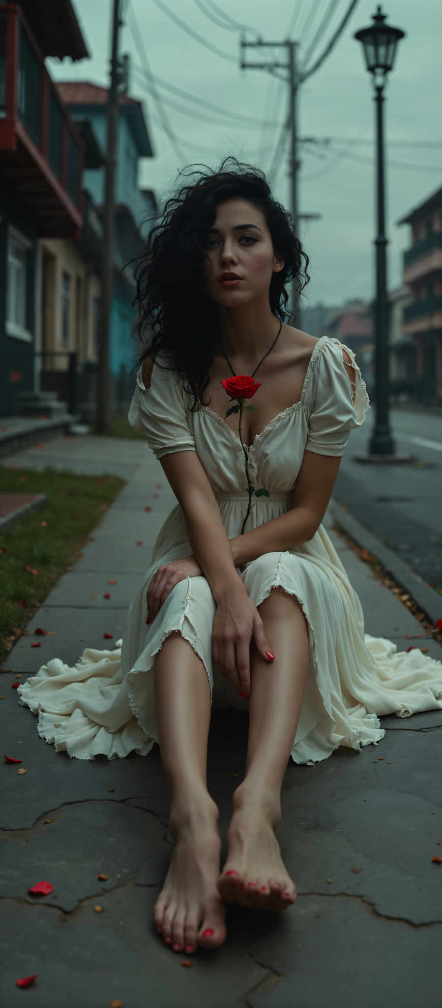 A woman in a white dress sits on a sidewalk her legs crossed. She holds a red rose in her hand and her gaze is directed off to the side. The background features a building and a tree. The image evokes a sense of tranquility and introspection. The colors are predominantly white red and green creating a serene and peaceful atmosphere. The art style is realistic capturing the details of the woman and her surroundings with precision. The subject is a woman and the motif is the red rose which adds a touch of romance and beauty to the scene.