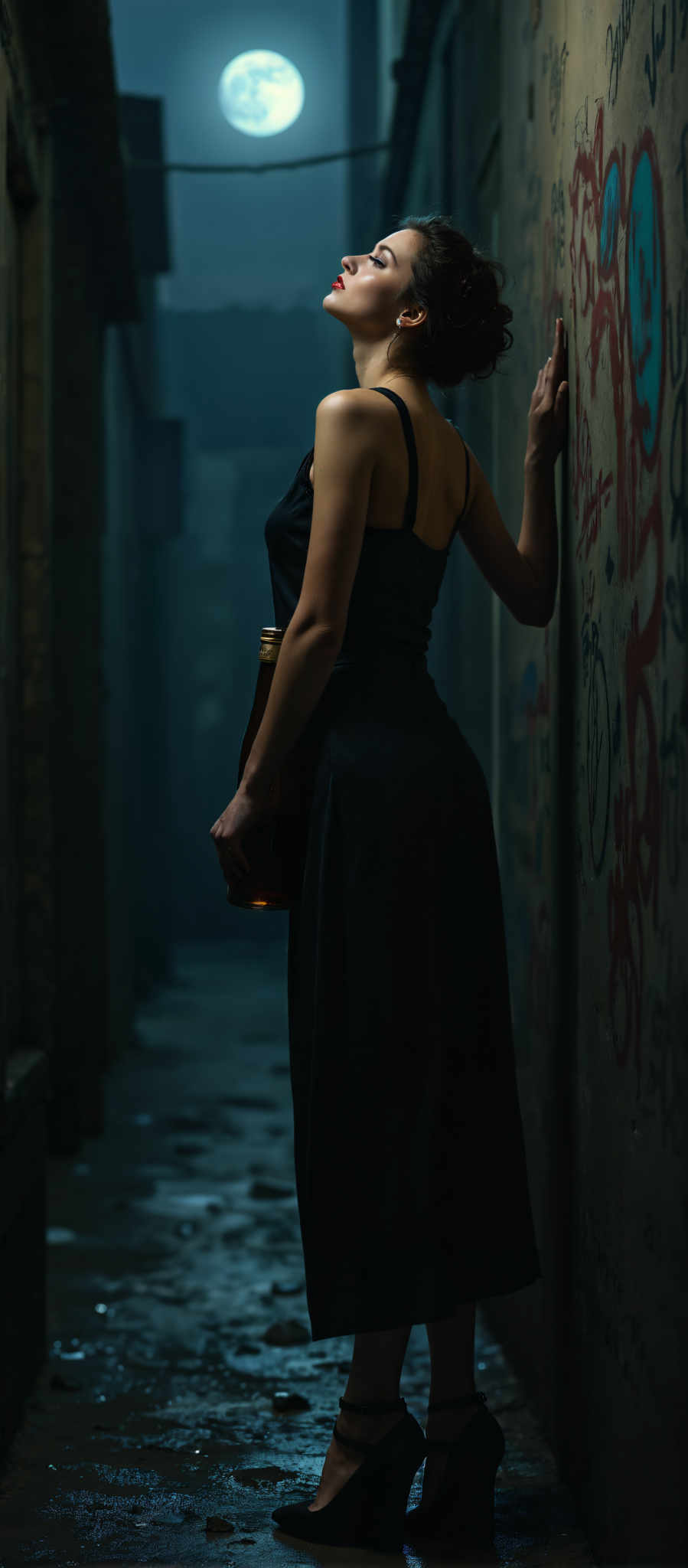 A woman in a black dress stands in a dimly lit hallway her back to the camera. She holds a bottle in her hand and her posture suggests she is looking at something in the distance. The hallway is adorned with graffiti on the walls adding an urban feel to the scene. The woman's attire and the graffiti create a contrast between the elegance of her dress and the raw rebellious nature of the graffiti. The dim lighting adds a sense of mystery and intrigue to the overall atmosphere.