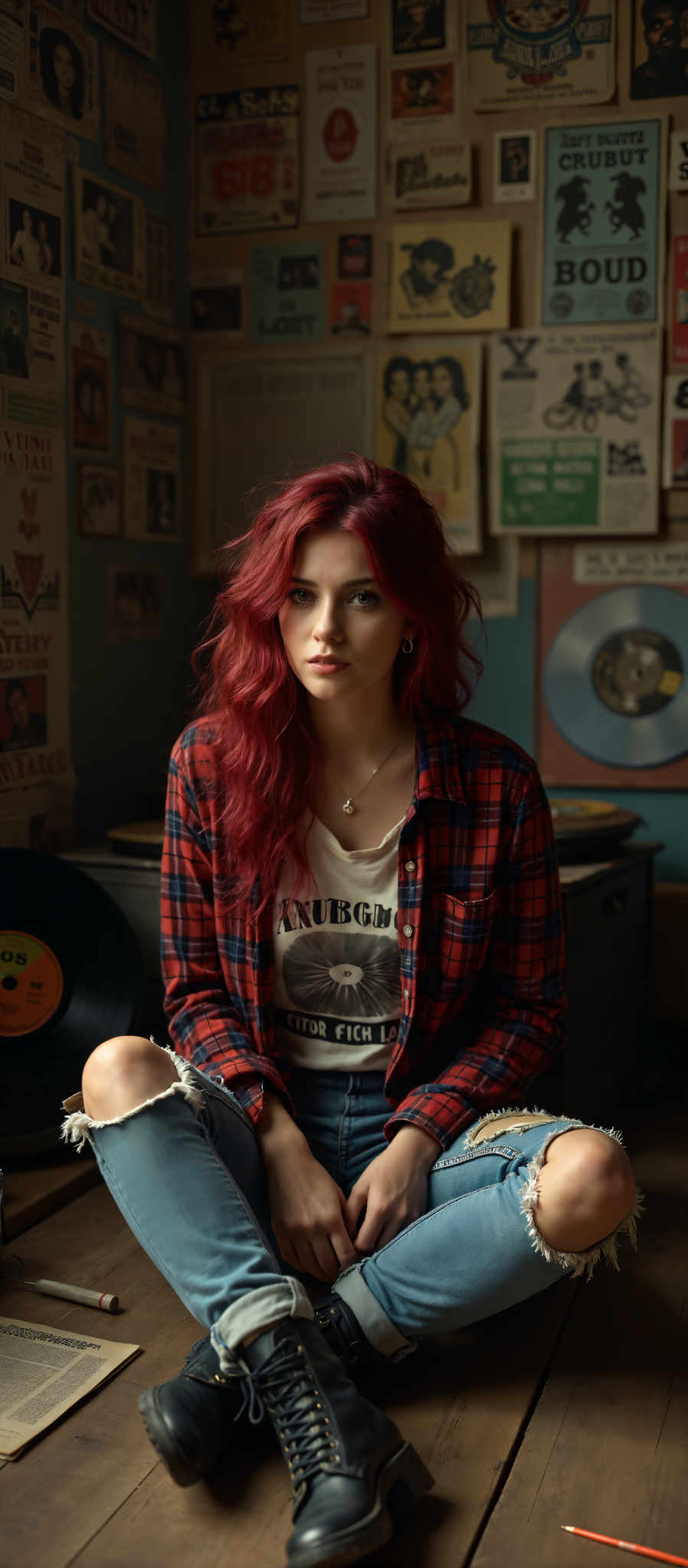 A young woman with vibrant red hair is the central figure in this image. She is seated on a stool her legs casually crossed. She's wearing a red and black plaid shirt which stands out against the backdrop. 

The background is a collage of various posters and records creating a sense of depth and history. The colors in the image are predominantly red black and blue which adds to the overall mood and atmosphere.

The art style of the image is reminiscent of vintage or retro aesthetics with its focus on bold colors and textures. The subject of the photo is the woman and the motif is the combination of her vibrant red head and the contrasting black and blue elements in the background.

Overall this image captures a moment of youthful energy and individuality set against a backdrop that speaks to a rich history of music and culture.