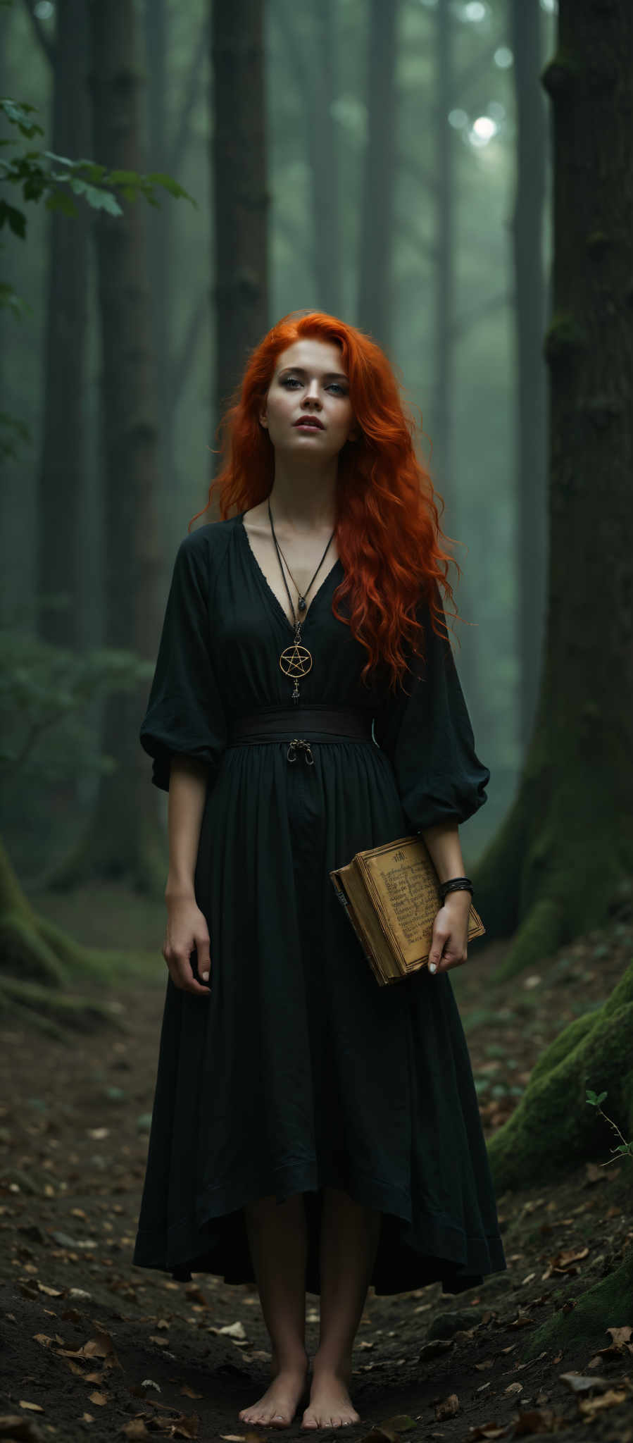 A woman with vibrant red hair stands in a forest her gaze directed off to the side. She is dressed in a black dress that contrasts with her fiery hair. A gold pendant adorns her neck adding a touch of elegance to her attire. In her hand she holds a book its cover embossed with a gold design that matches her pendant. The forest around her is dense with trees their leaves a mix of green hues. The woman's position in the forest and her thoughtful expression suggest a sense of solitude and introspection. The image captures a moment of quiet reflection amidst the tranquility of nature.