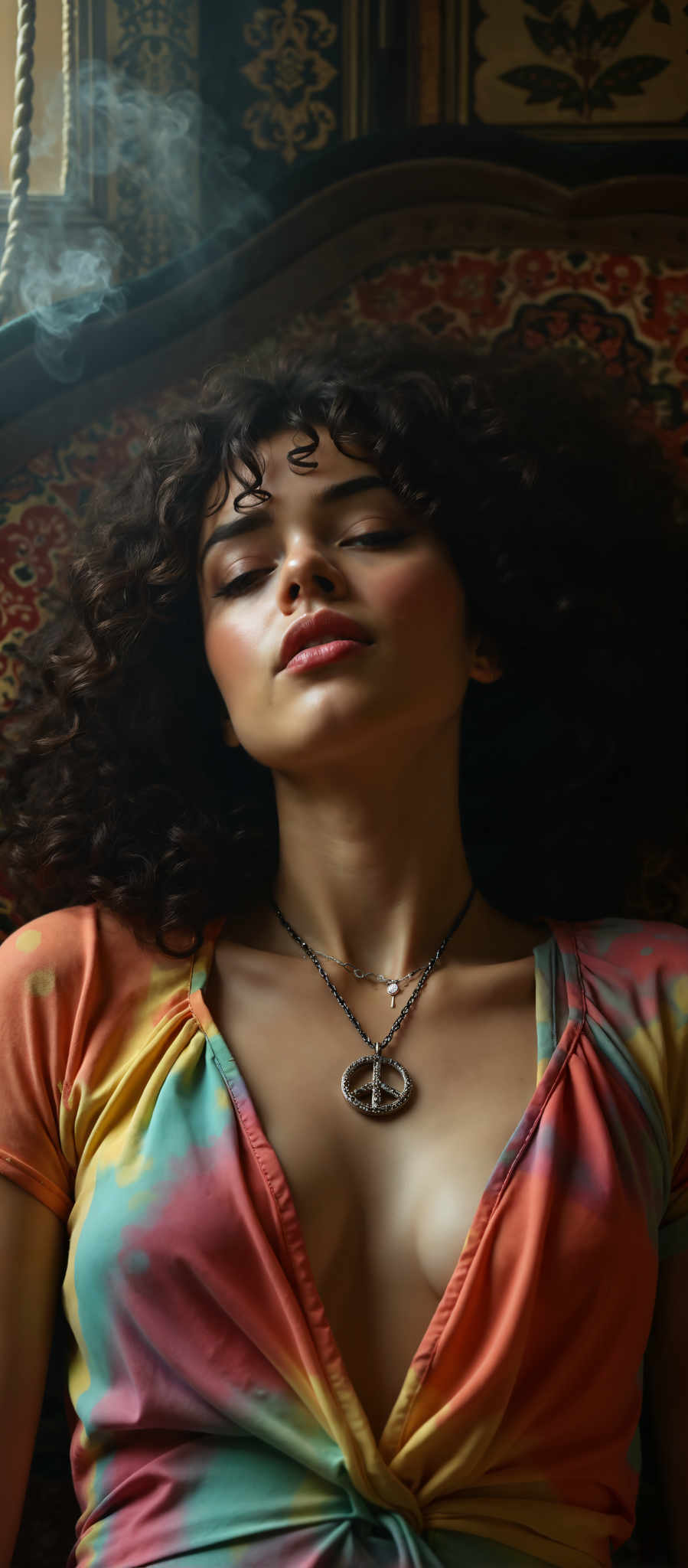 The image captures a woman with curly hair wearing a vibrant tie-dye shirt. Her eyes are closed and she is wearing a peace sign necklace. The background features a floral pattern. The woman's expression and the peace sign motif evoke a sense of tranquility and positivity. The colors in the image are bright and lively with the woman's hair and the floral background adding to the overall vibrancy. The art style of the image is reminiscent of a vintage or retro aesthetic with its focus on the woman and her unique accessories. The subject of the photo is the woman and the motif is the peace symbol. The image does not contain any text.