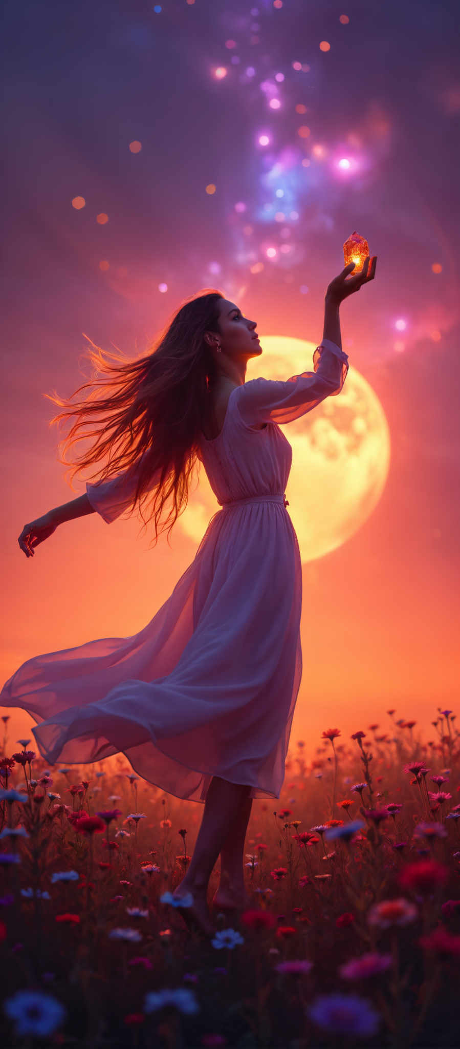 A woman in a white dress is dancing in the wind with her arms raised. The sun is setting in the background creating a beautiful orange and pink sky. The scene is set in a field of flowers adding a touch of nature to the scene. The woman's long hair flows freely in the breeze adding to the sense of movement and freedom. The image captures a moment of joy and freedom as the woman seems to be lost in her dance oblivious to the world around her. The colors in the image are vibrant and warm with the white of the woman's dress standing out against the orange and purple hues of the sky.