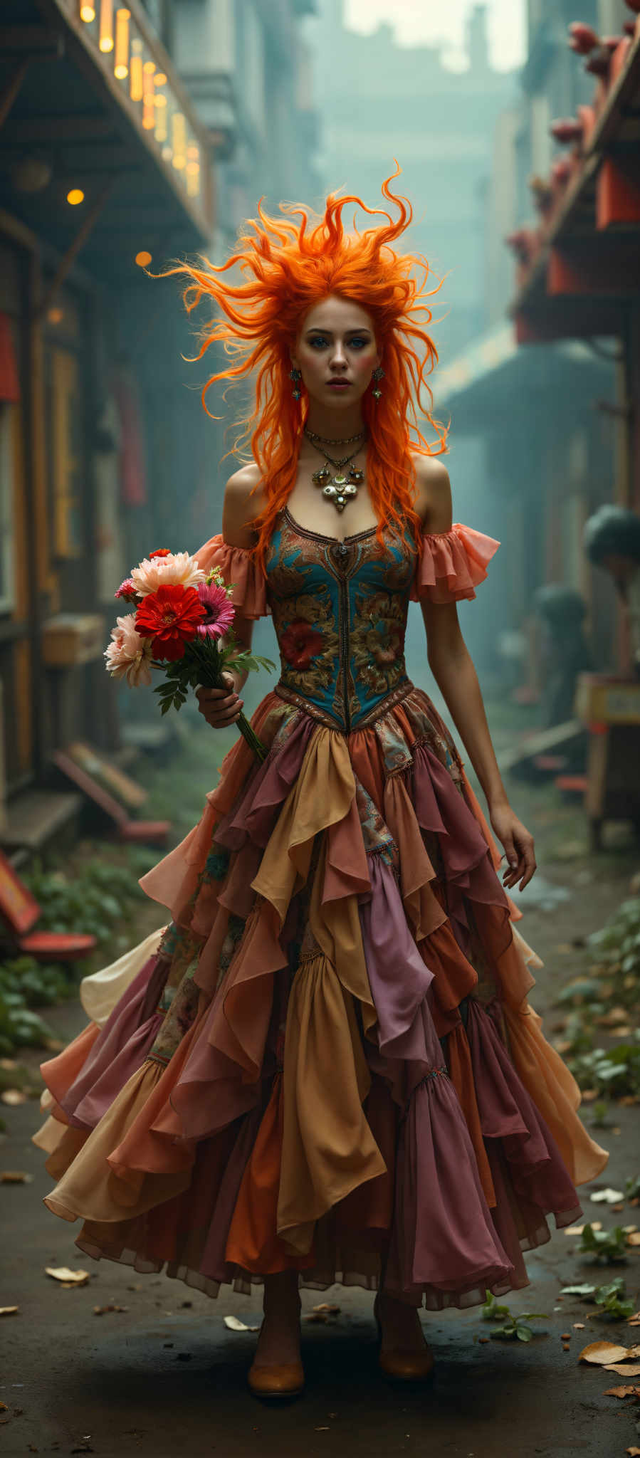 A woman in a vibrant dress stands in a garden. Her fiery red hair contrasts with her blue and gold dress which is adorned with a floral pattern. The dress features a ruffled collar and a layered skirt adding to its grandeur. In her hand she holds a bouquet of red and pink flowers their colors echoing the warmth of her hair. The garden around her is lush with greenery and a wooden structure can be seen in the background. The image captures a moment of tranquility and beauty with the woman as the central figure.