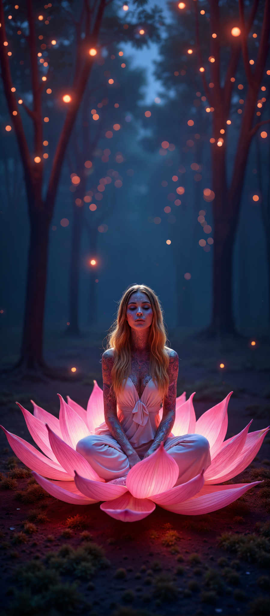 A woman with long blonde hair and tattoos is sitting in a lotus flower position. She is wearing a white dress and has her eyes closed. The scene is set in a forest at night with pink and orange lights illuminating the trees. The art style is surreal and the subject is a woman. The motif is a lotu